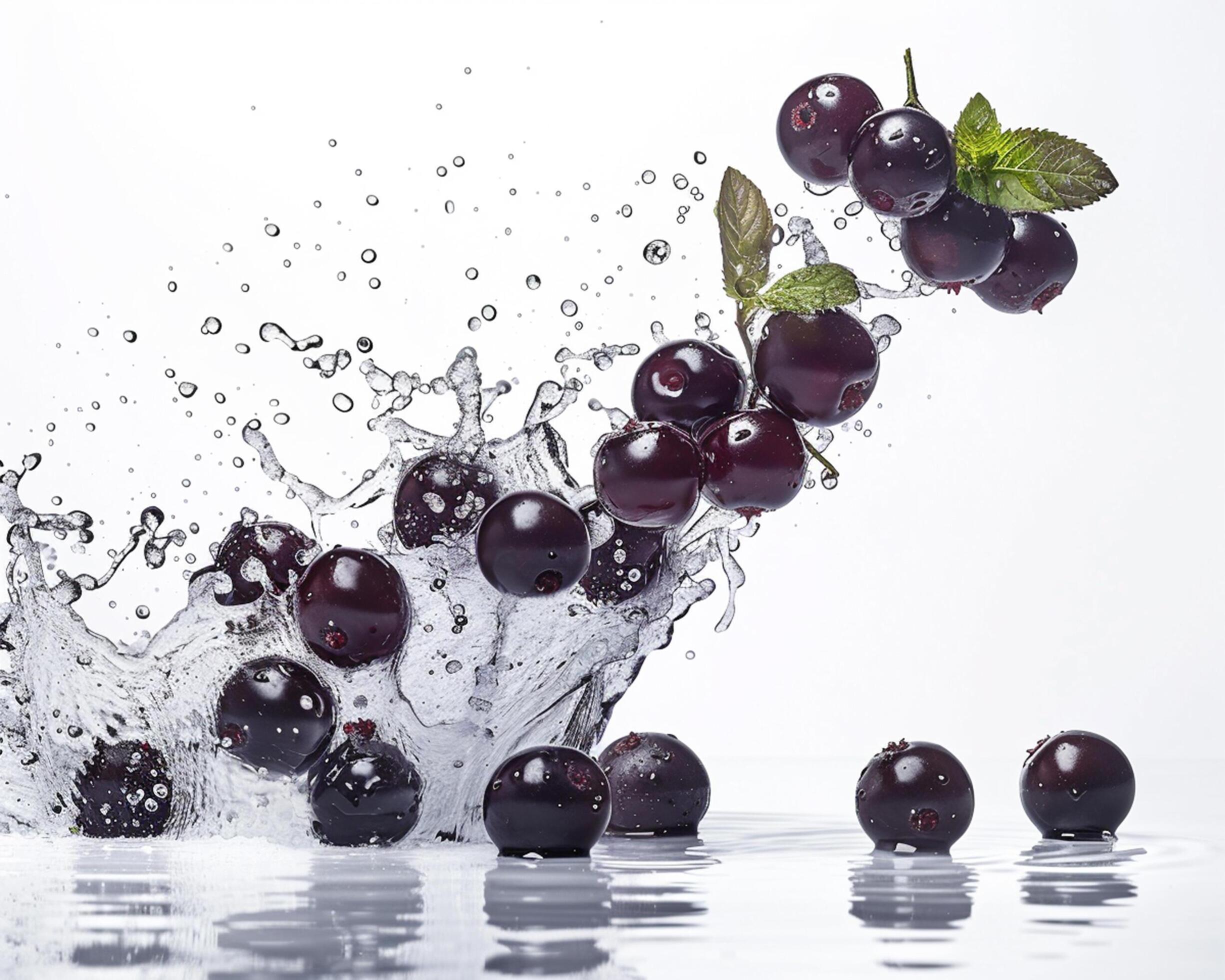 a group of black cherries falling into water Stock Free