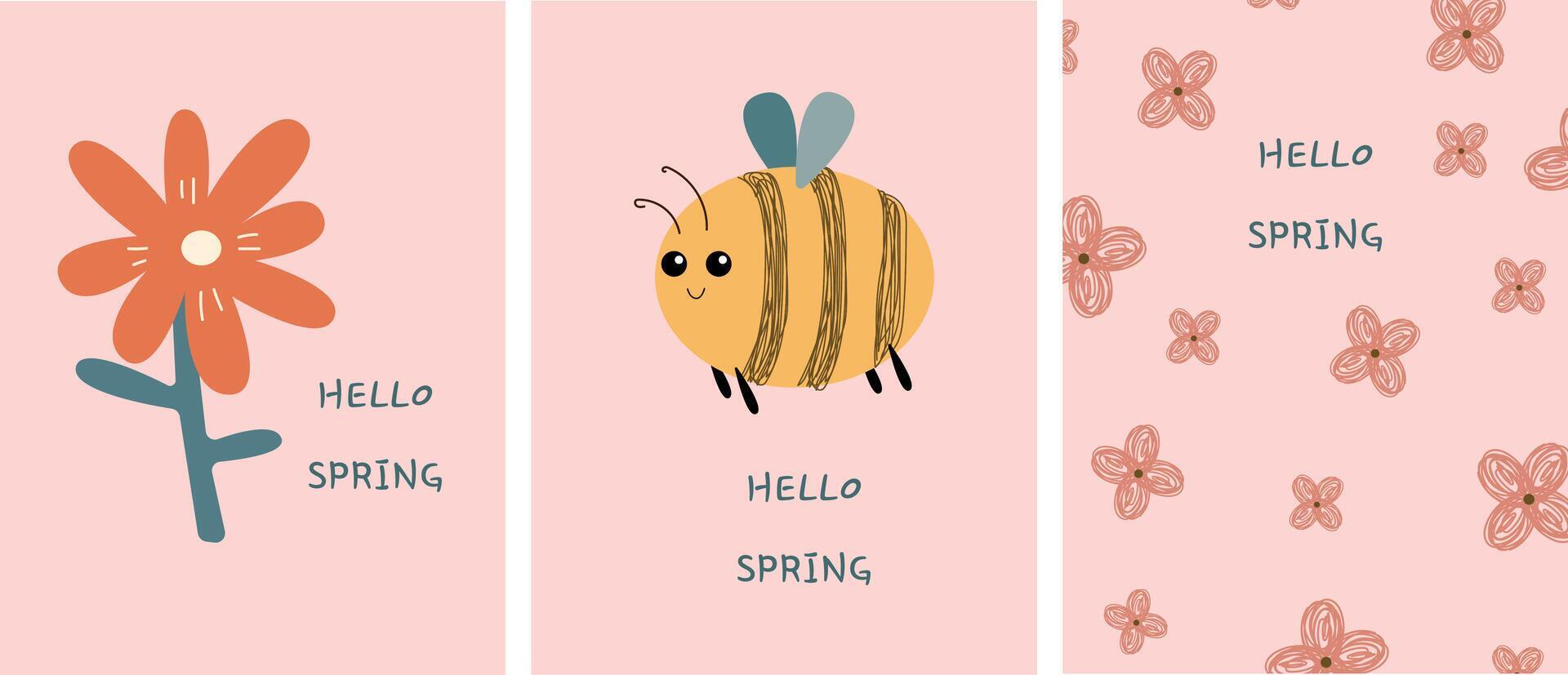 Set of spring postcard. Kawaii insects and flowers. Vector illustration Stock Free