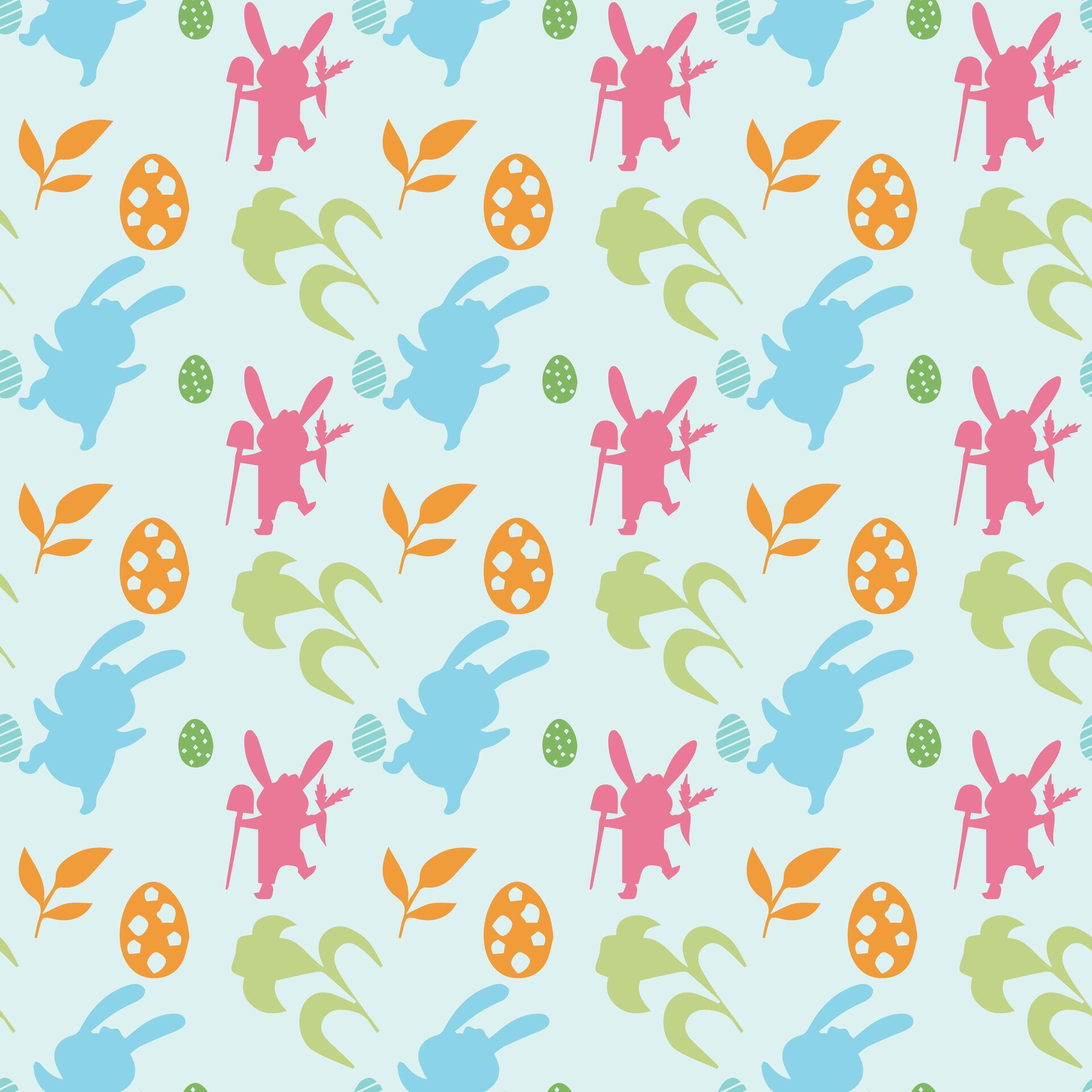 Easter seamless pattern. Colorful rabbits, flowers and leaves on a white background Stock Free