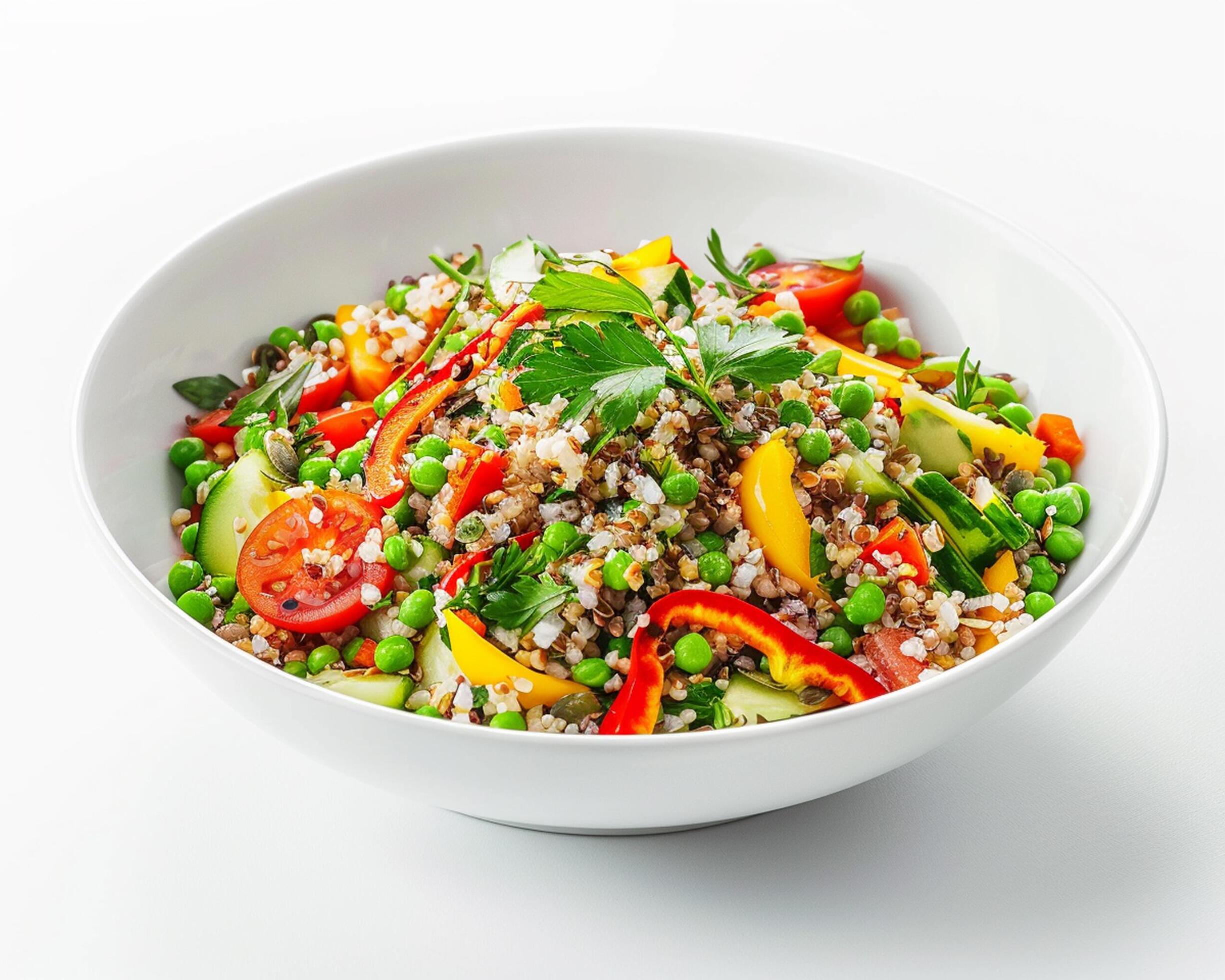 a bowl of vegetables and rice with a garnish Stock Free