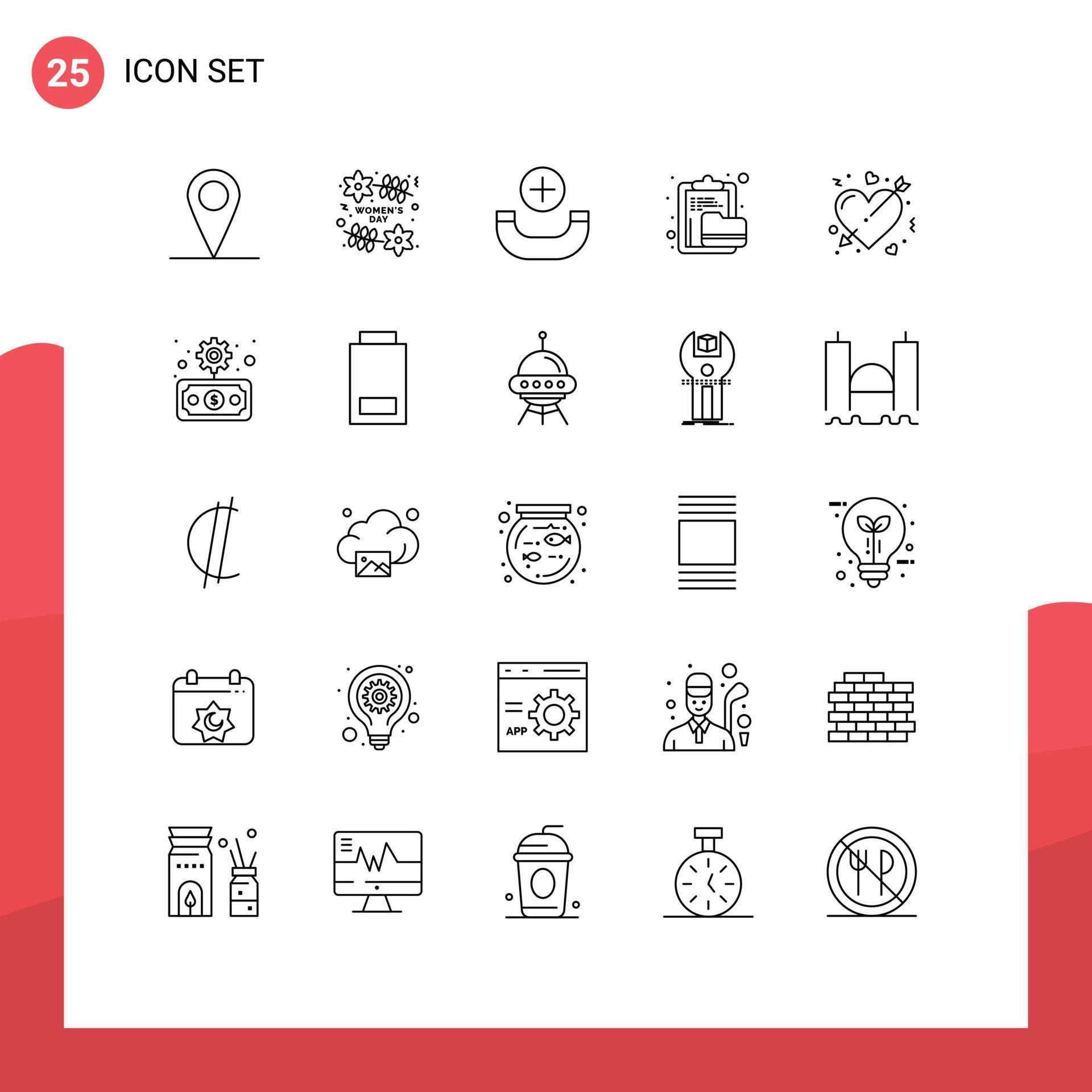 Modern Set of 25 Lines Pictograph of heart arrow new folder document Editable Vector Design Elements Stock Free