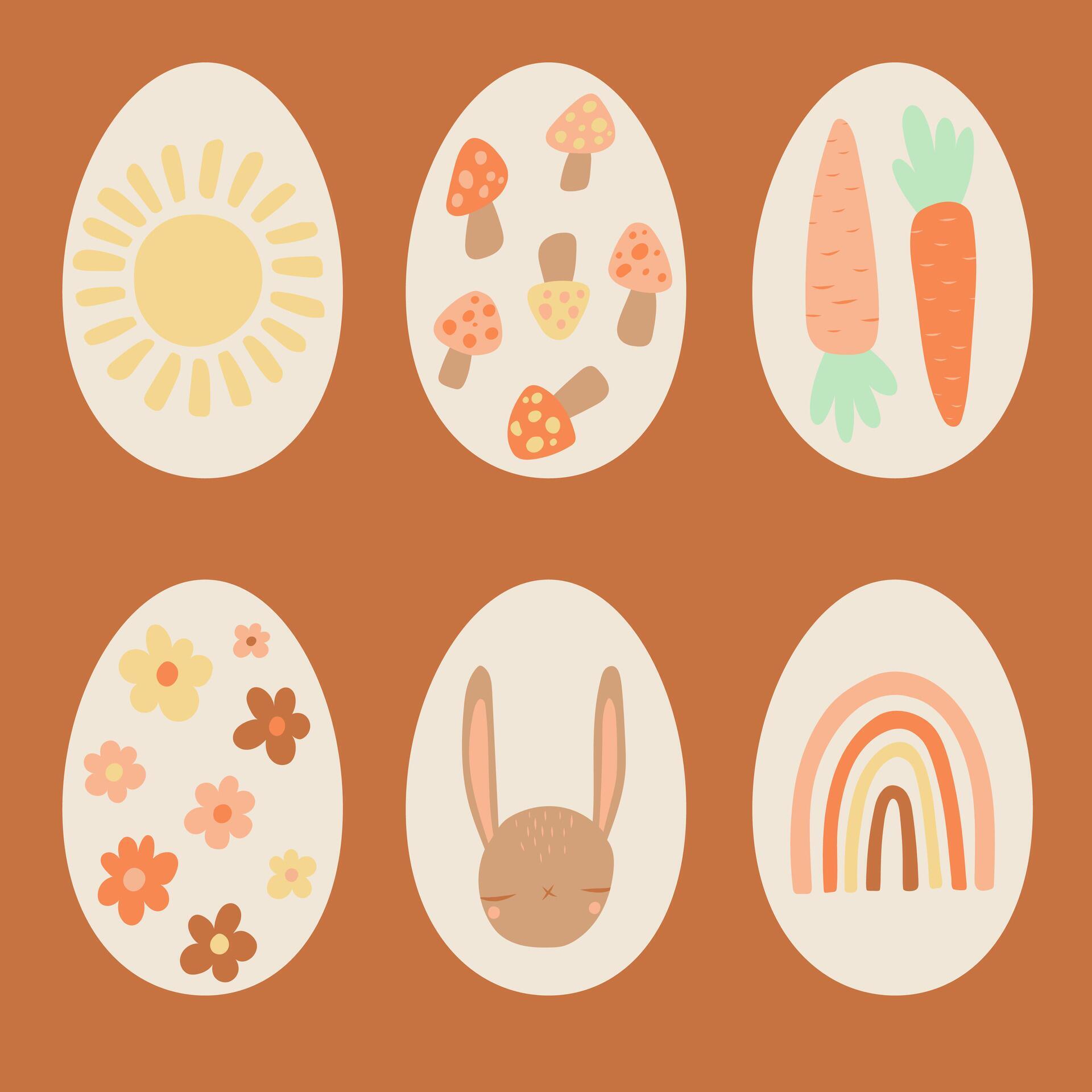 Boho Easter holiday eggs set with bunny, flowers and rainbows in pastel and terracotta colors, vector illustration. Stock Free