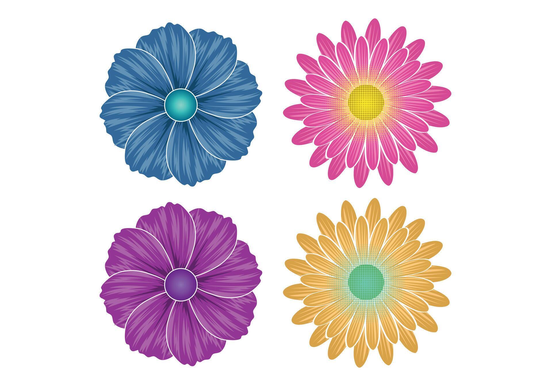 Single flower top view set. Pink purple yellow blue green color. Isolated on white background. Stock Free