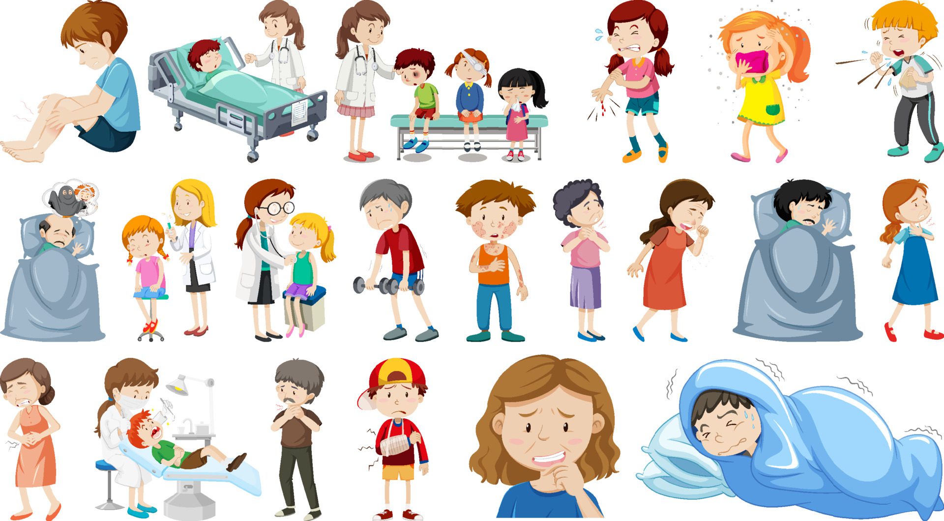 Set of sick people with different symptoms Free Vector