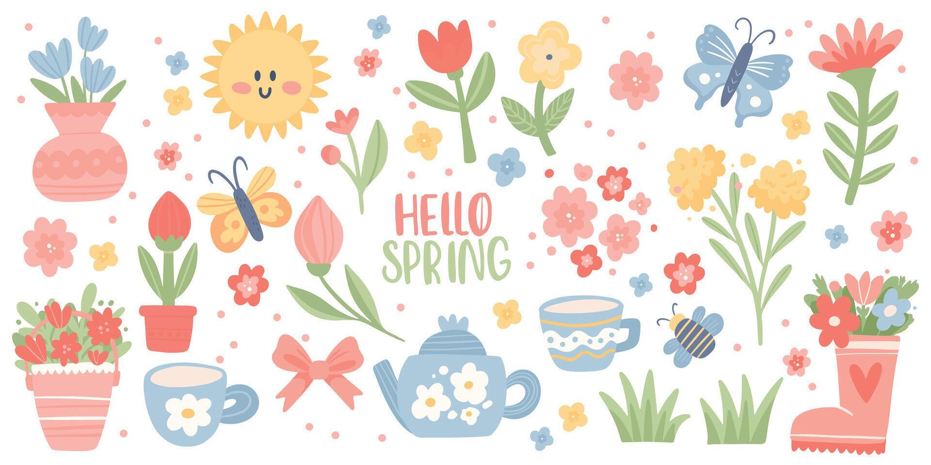 Set of Cute Spring elements. Springtime Hand Drawn Flowers, Butterfly, Plant and other. Cottagecore Aesthetic Stickers Stock Free