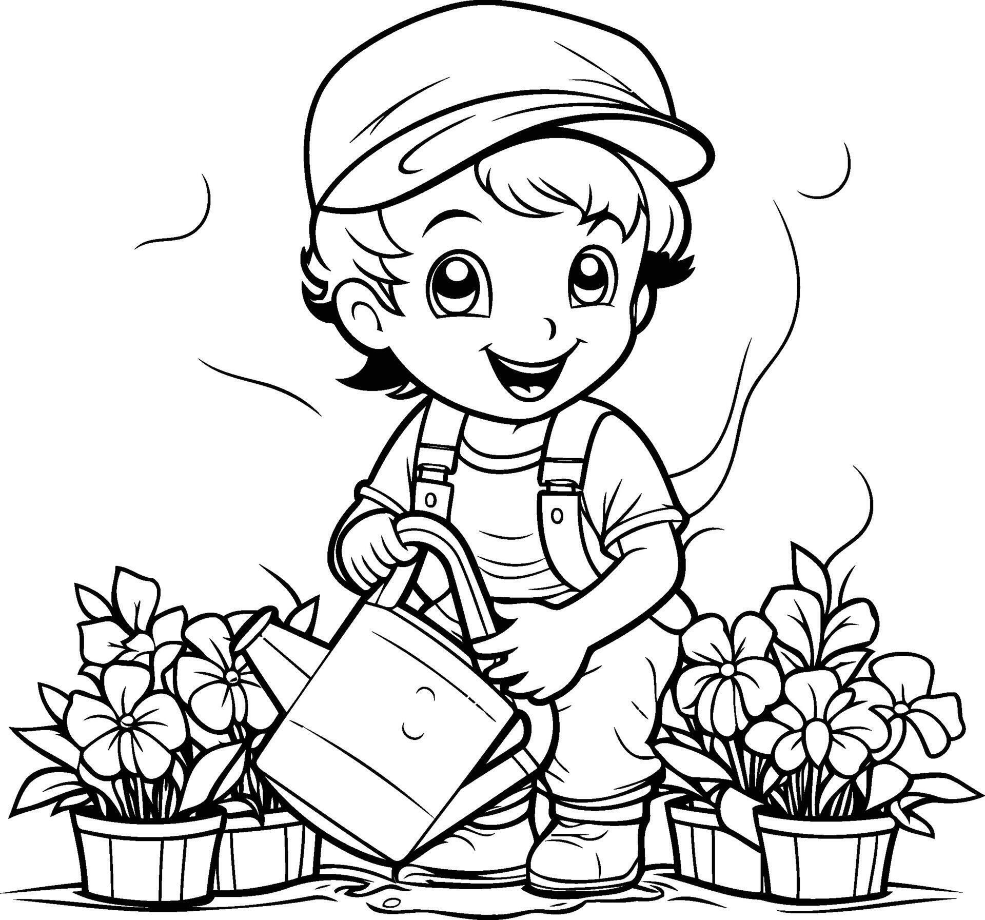 
									Black and White Cartoon Illustration of Cute Little Boy Gardener Watering Flowers for Coloring Book Stock Free