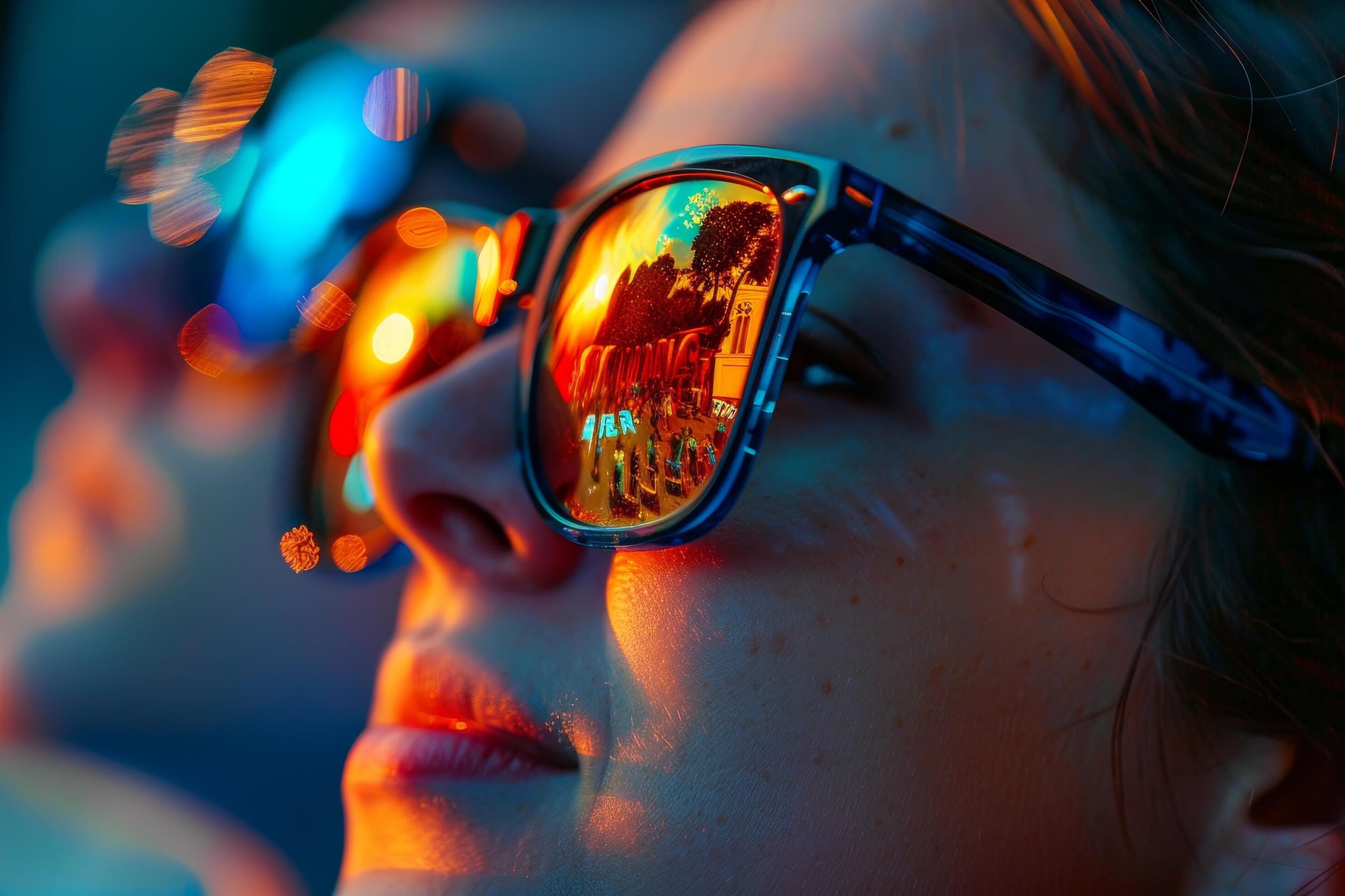 A woman wearing sunglasses with a red reflection on her face Stock Free