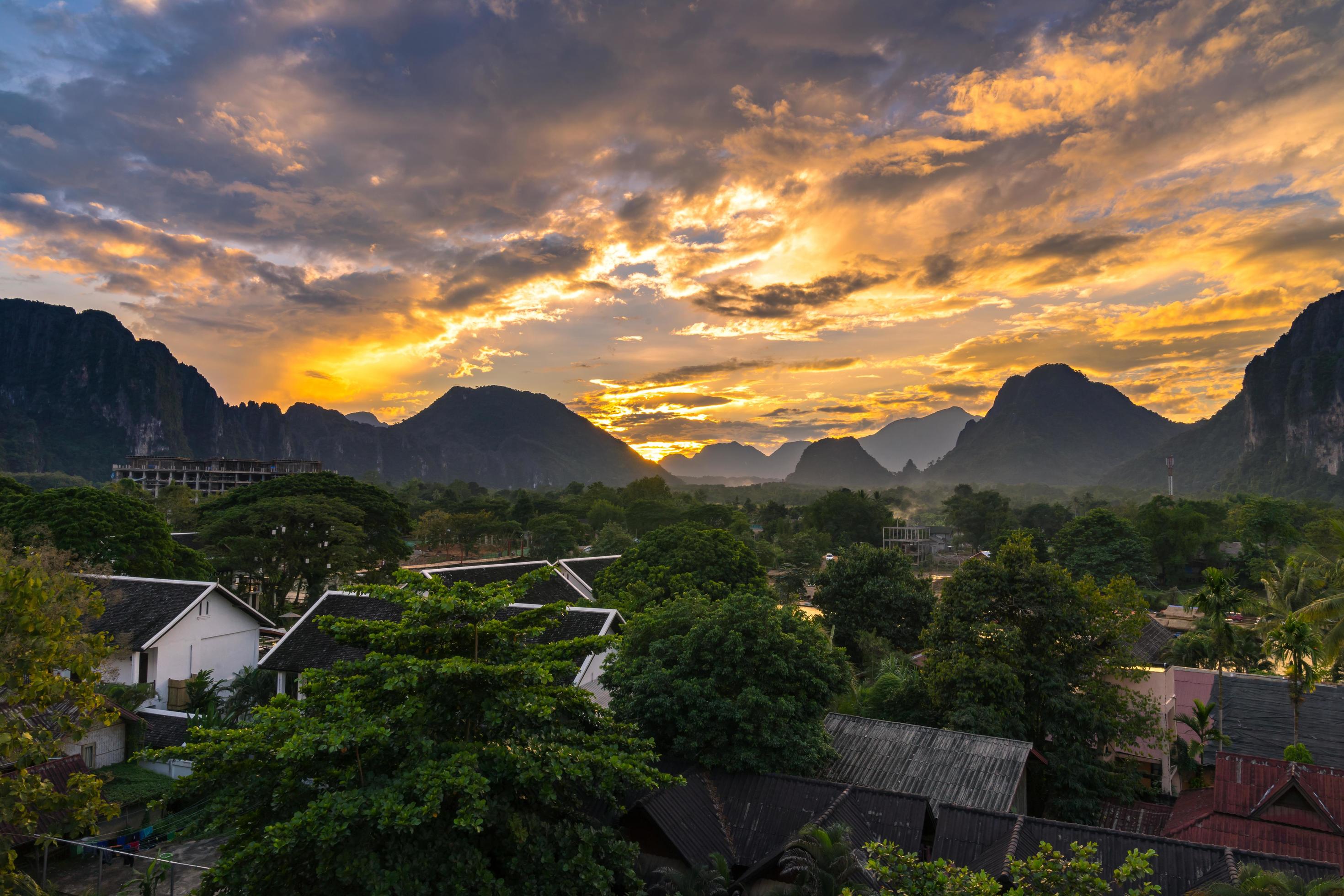 Viewpoint and beautiful Landscape in sunset at Vang Vieng, Laos. Stock Free