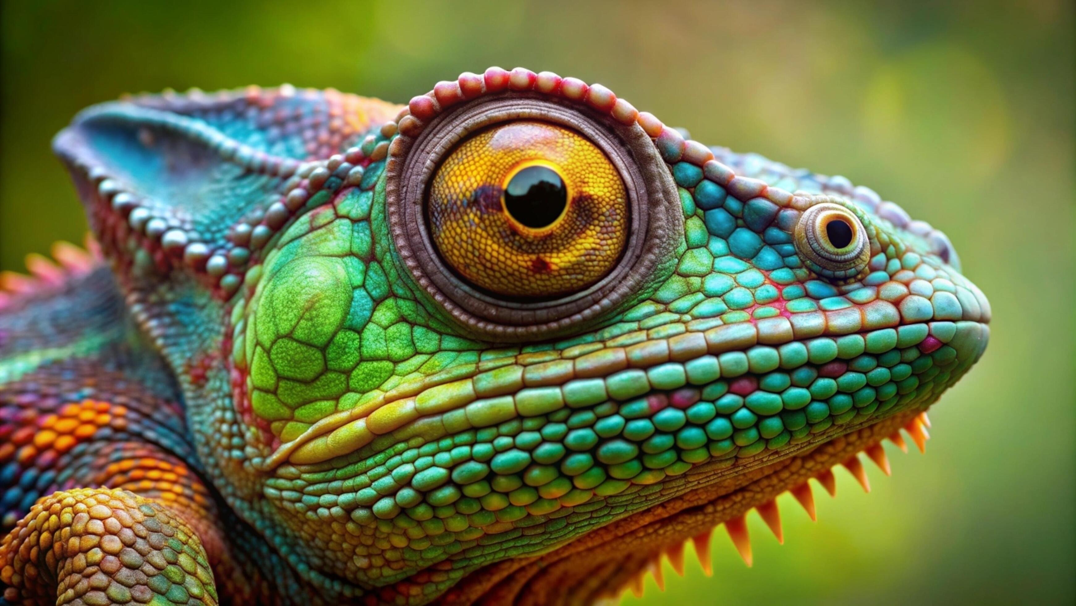 A vibrant chameleon camouflaging against a lush green forest background. Stock Free