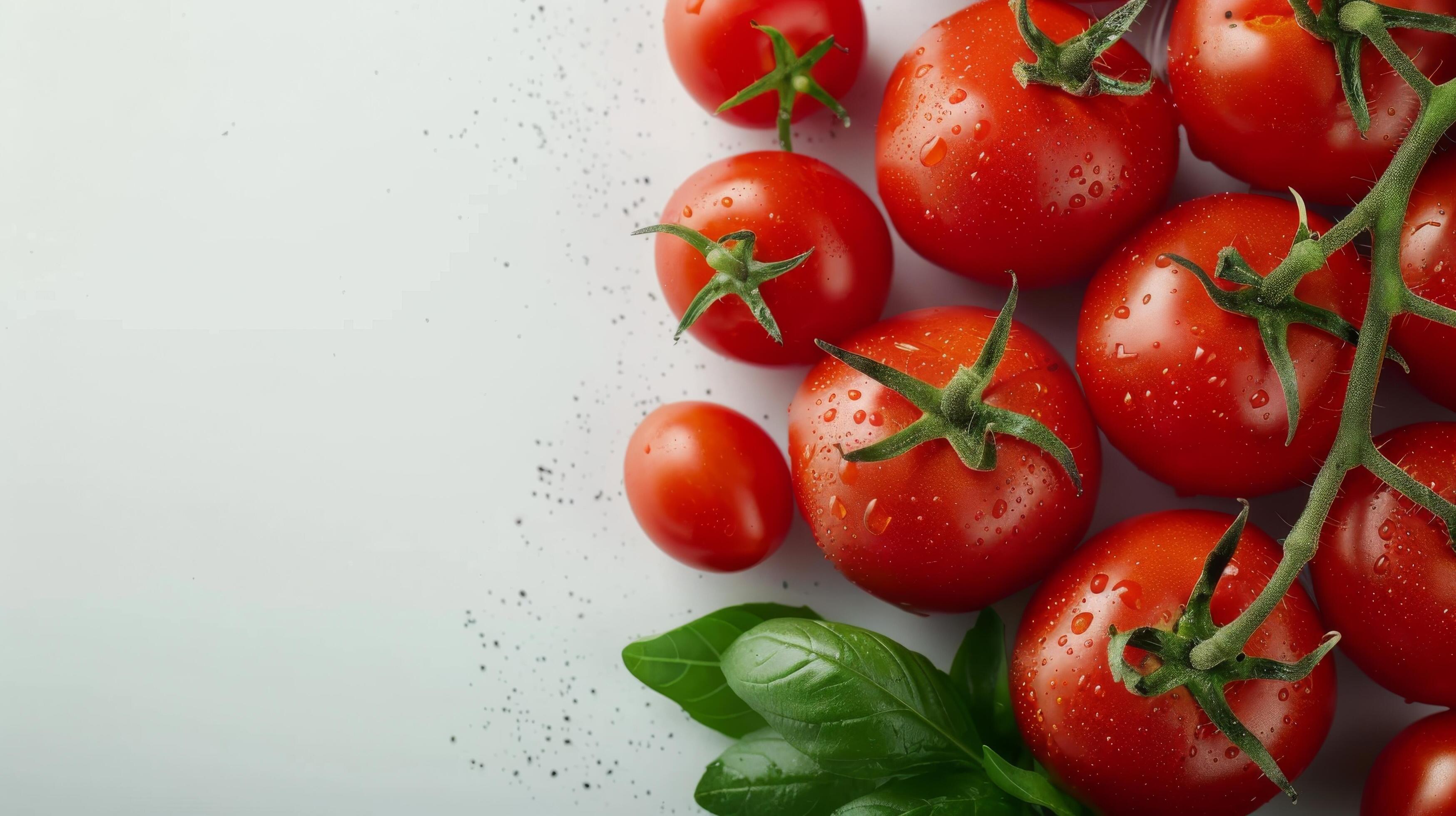 Fresh Red Tomatoes Arranged With Green Leaves on White Background Stock Free