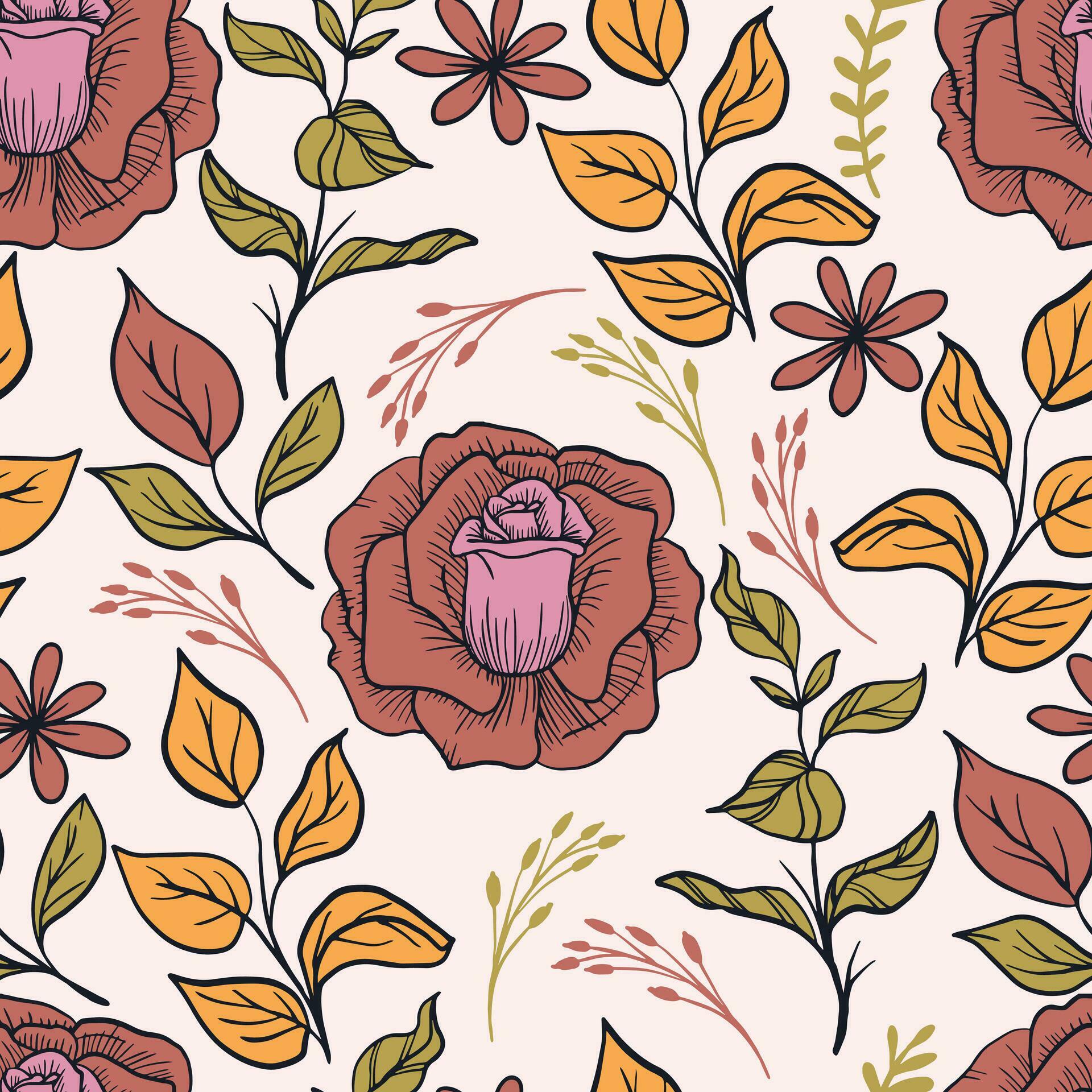 Floral seamless pattern of flowers, leaves, and roses with yellow, green, red, and purple floral elements on a light background Stock Free