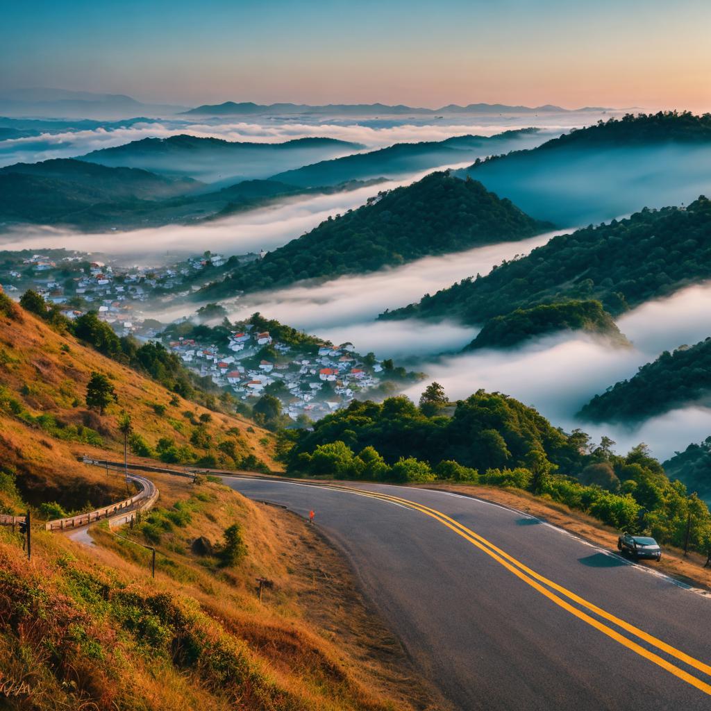 Highland,crowded city on hill,road,morning by @ai_generated