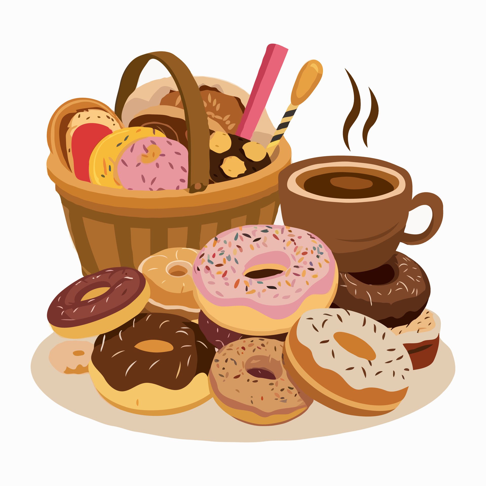 Delicious Donuts and Coffee Bliss Bakery Feast in a Basket Generated AI Free Vector