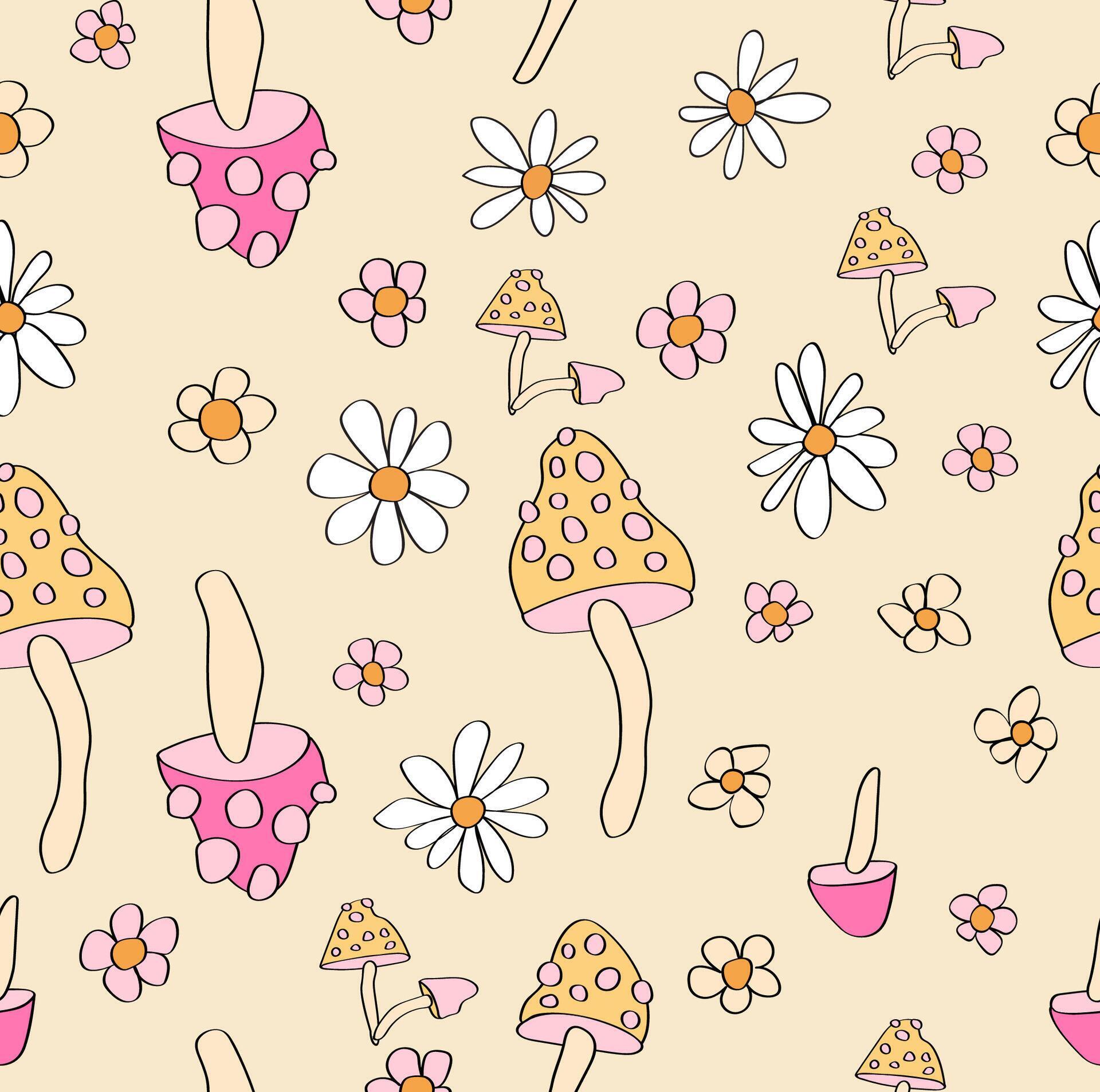 Cute 70s retro mushrooms and daisy flowers in a seamless pattern. Stock Free