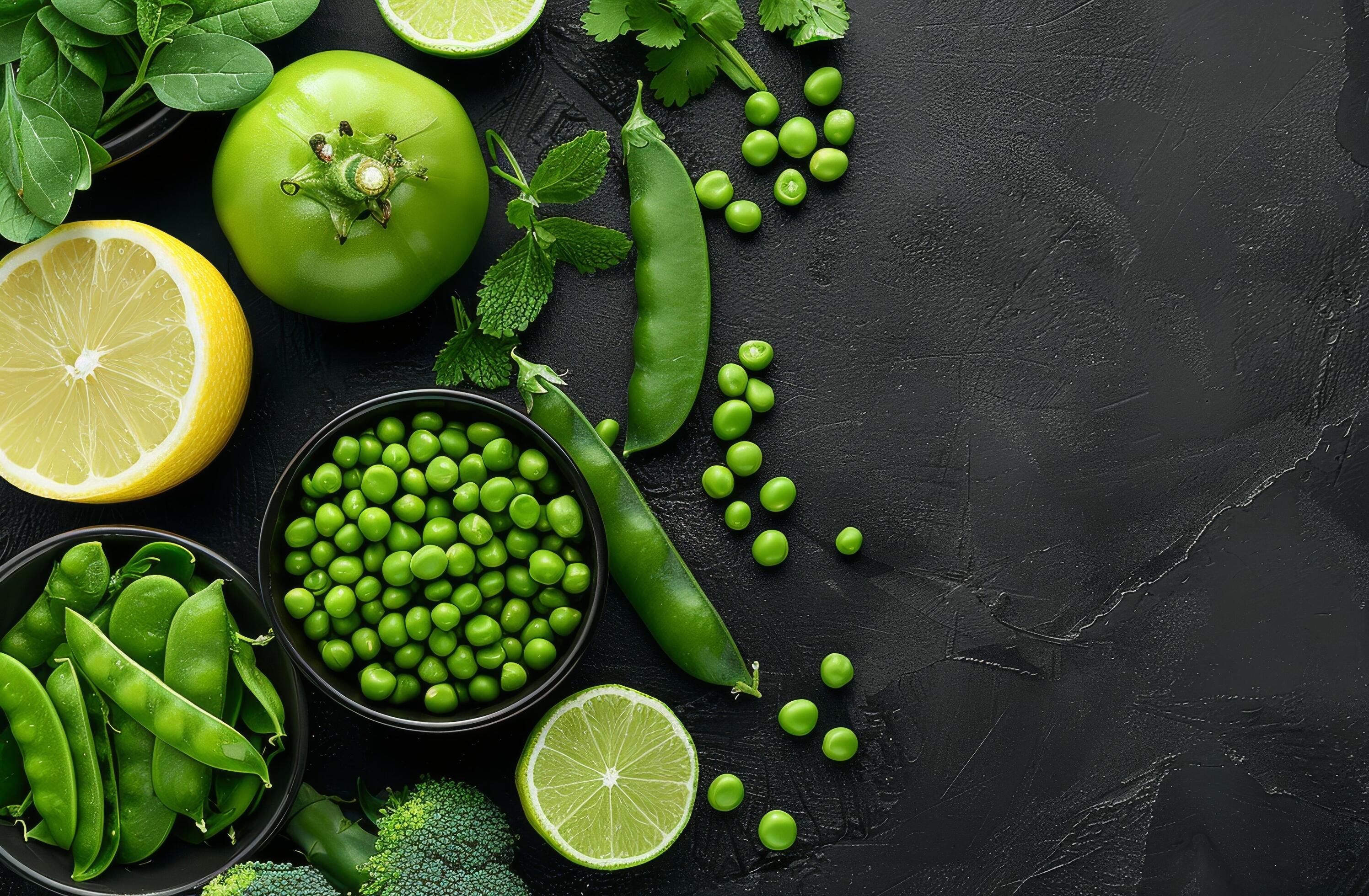 Fresh Green Peas and Pods on Black Background Stock Free