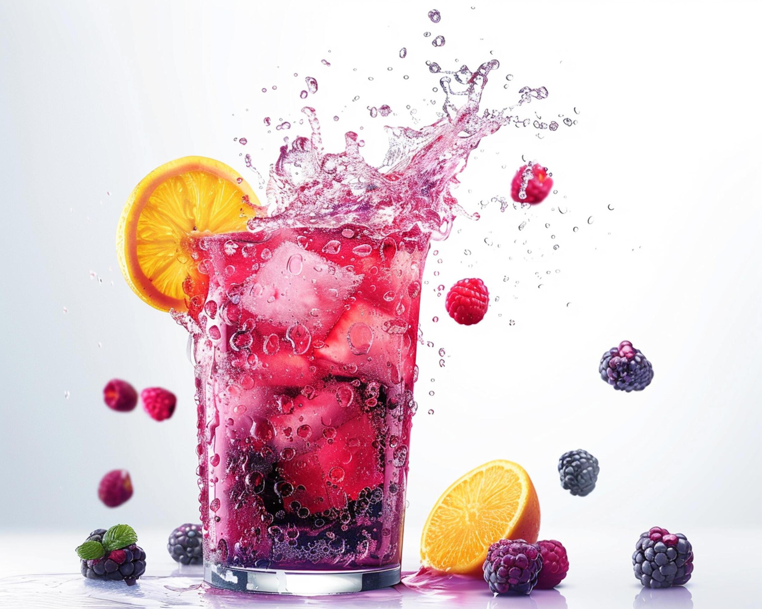 a glass of purple drink with berries and oranges Stock Free