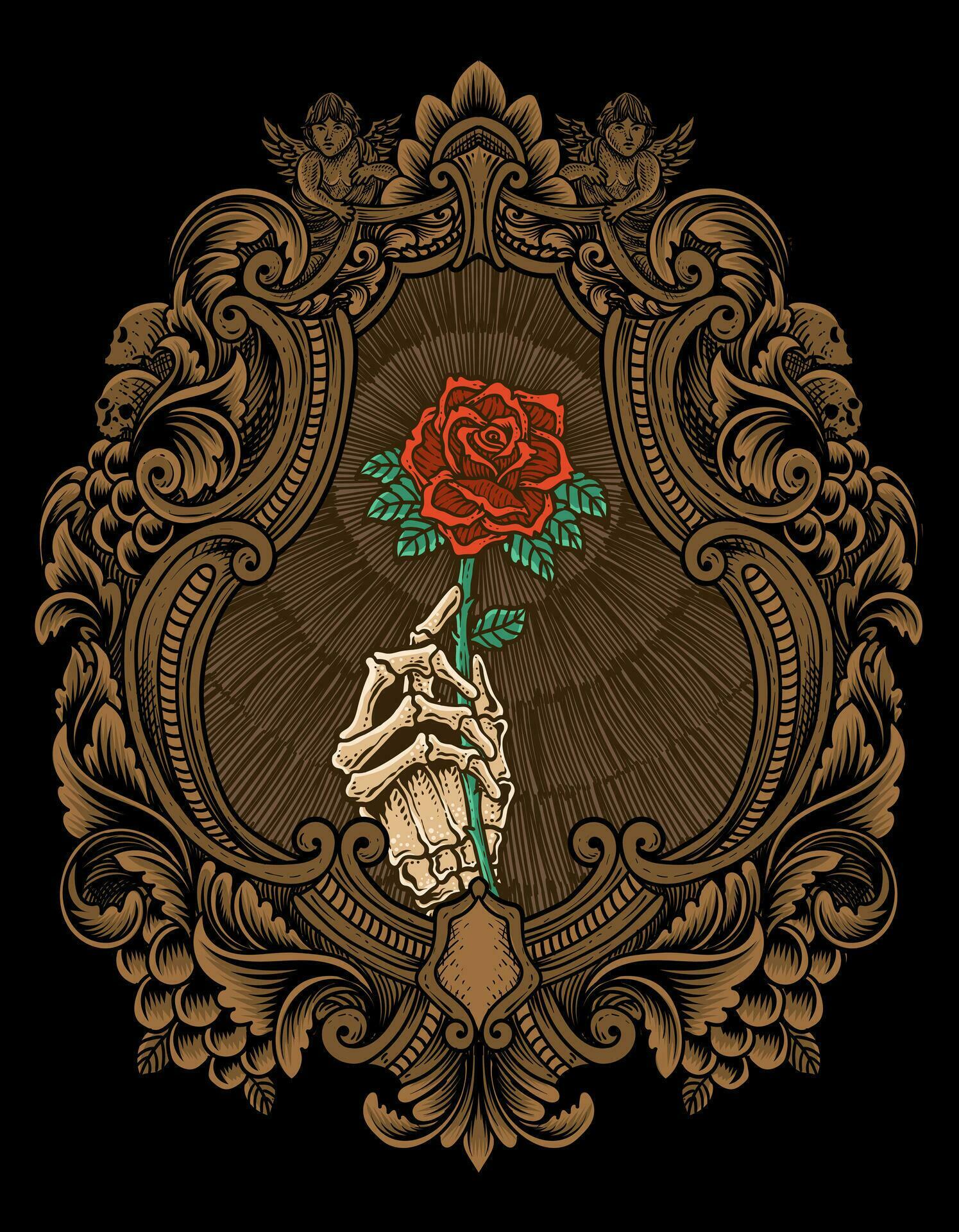 Illustration vector skull holding rose flower with engraving ornament frame Stock Free