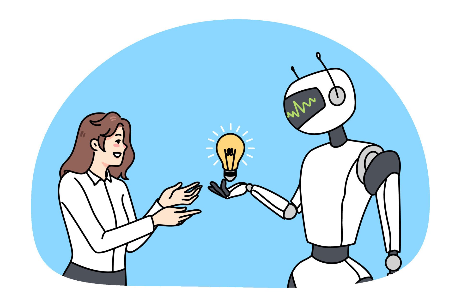 Robot offer lightbulb to female employee Free Vector