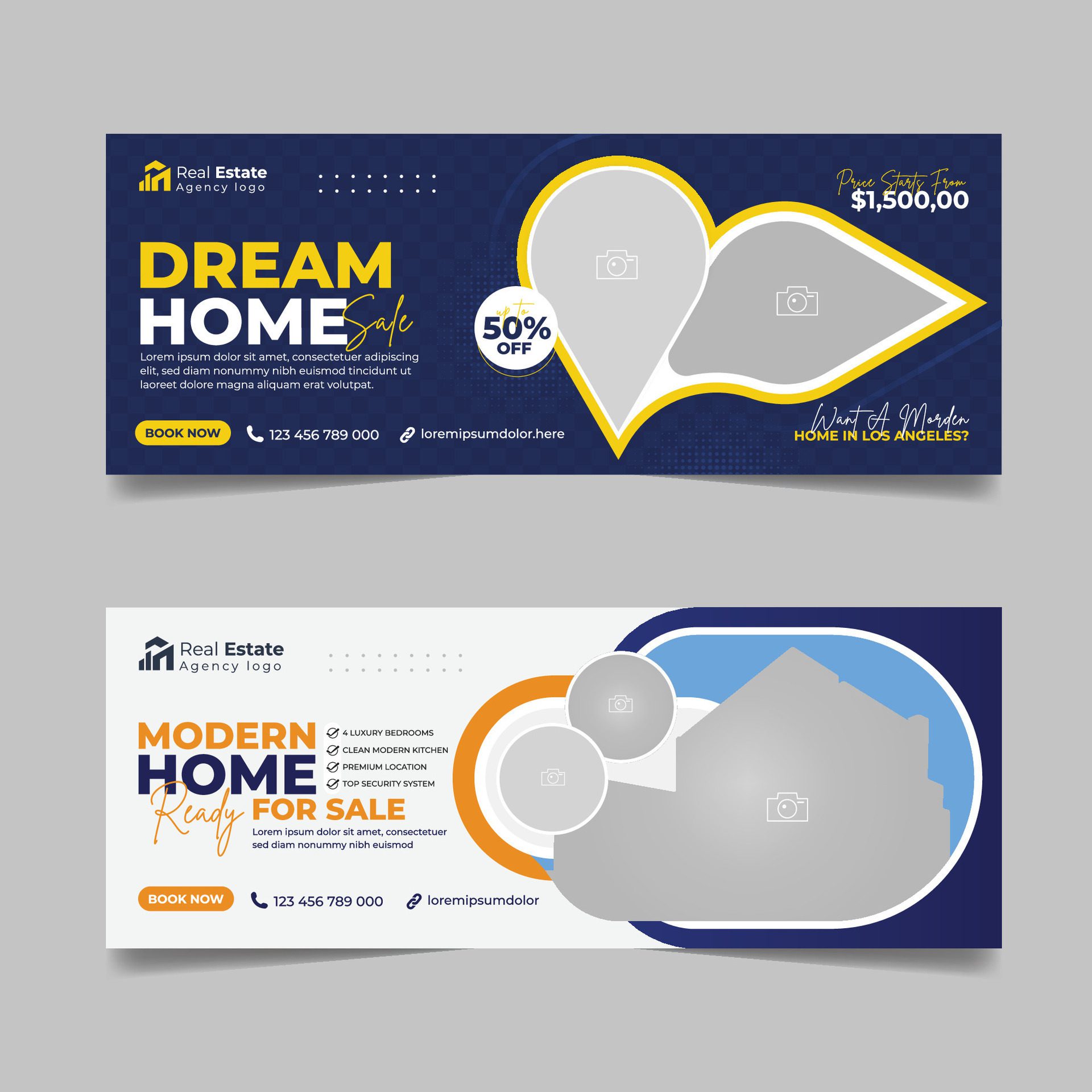 Real estate business agency cover page banner design, House property sale advertising horizontal template. Free Vector