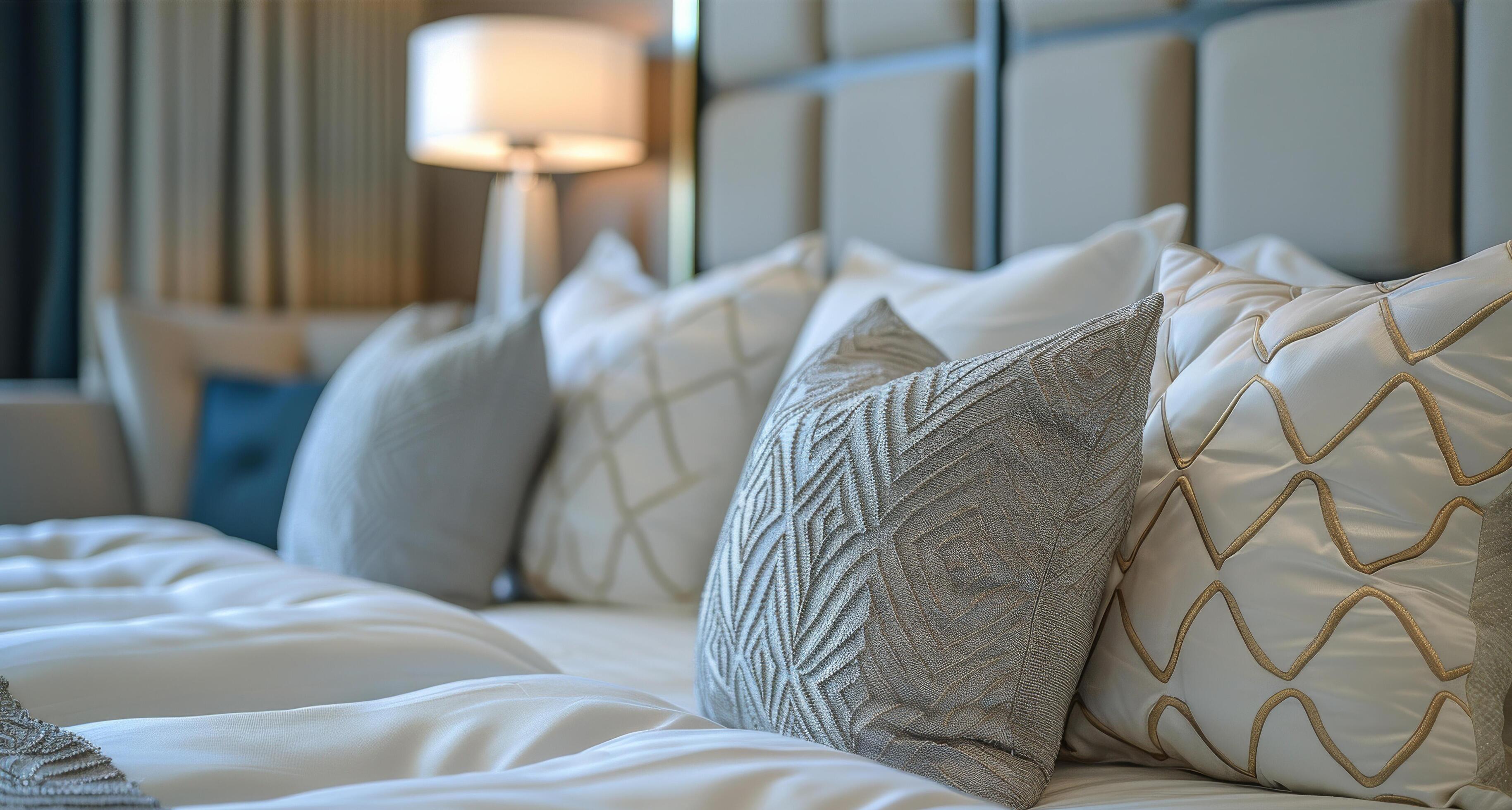 White Bed With Pillows in Room Stock Free