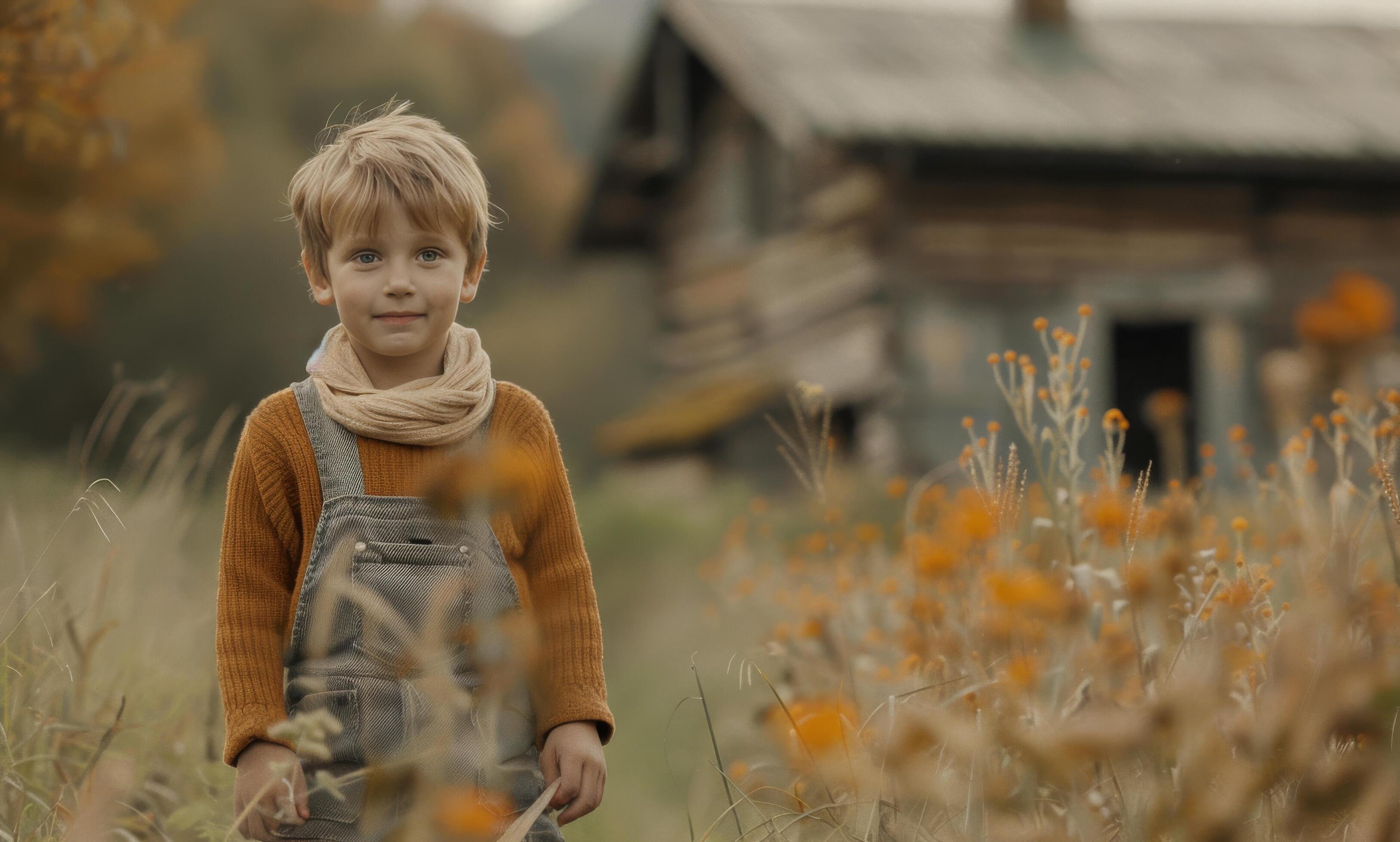 Boy in Field With Cabin in Background Stock Free