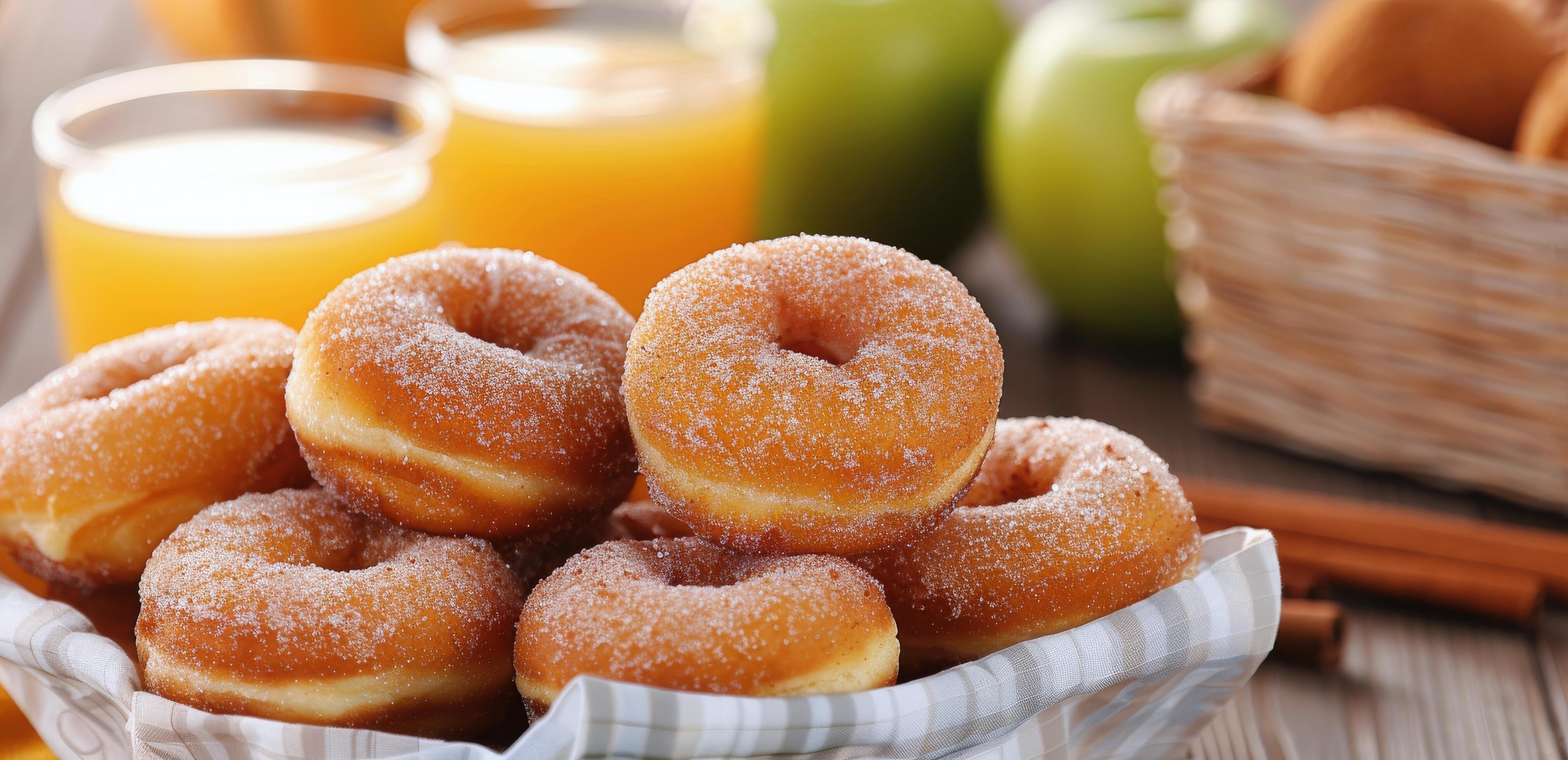 Freshly Baked Cinnamon Sugar Donuts With Juicy Apples and Refreshing Juice in Morning Light Stock Free