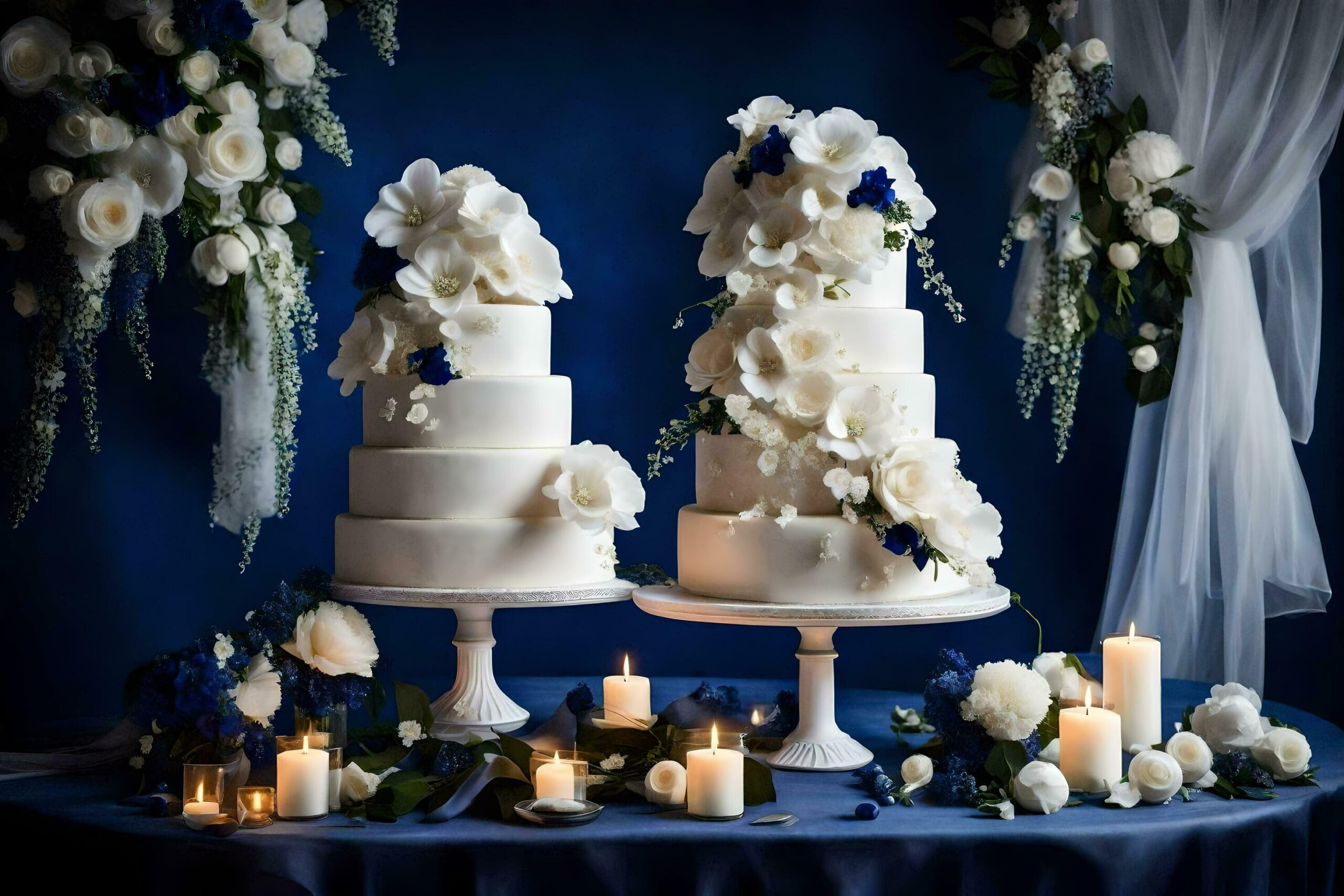 two wedding cakes are on display with candles Free Photo