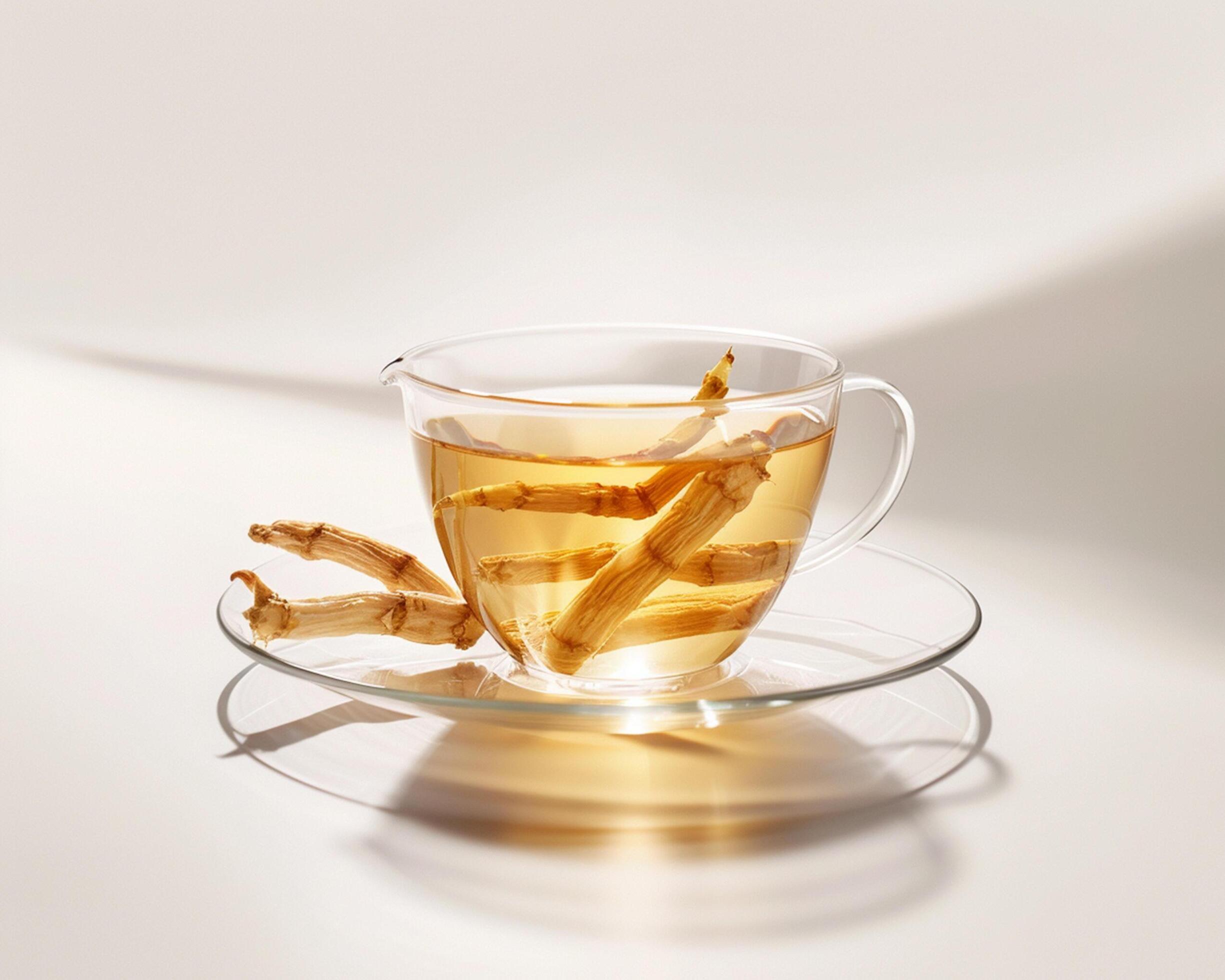 a glass cup filled with tea and some ginger Stock Free