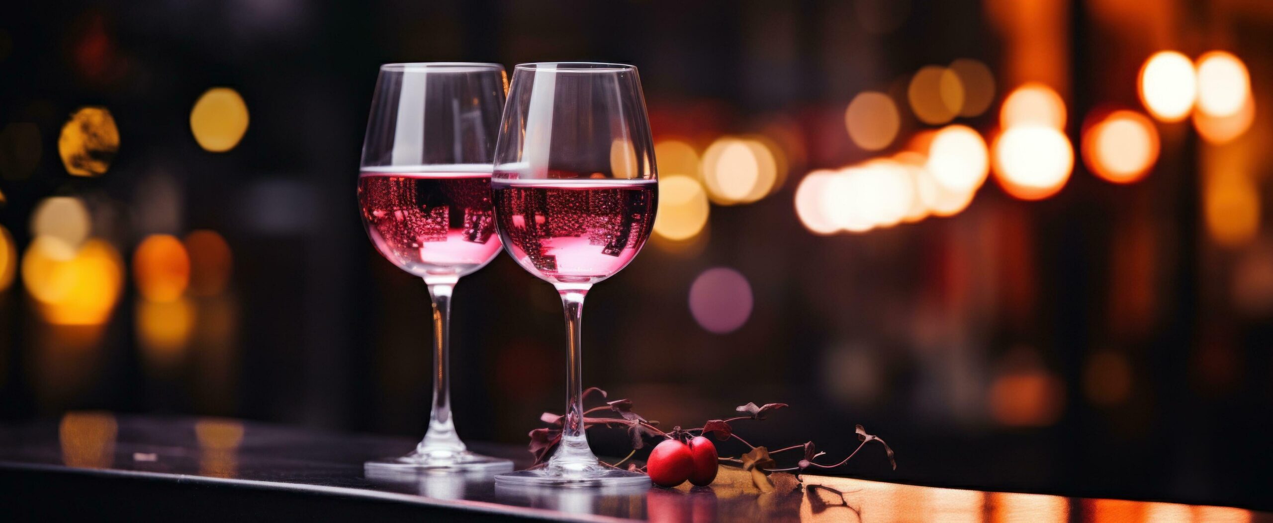 two glasses of wine and roses on a red table Free Photo