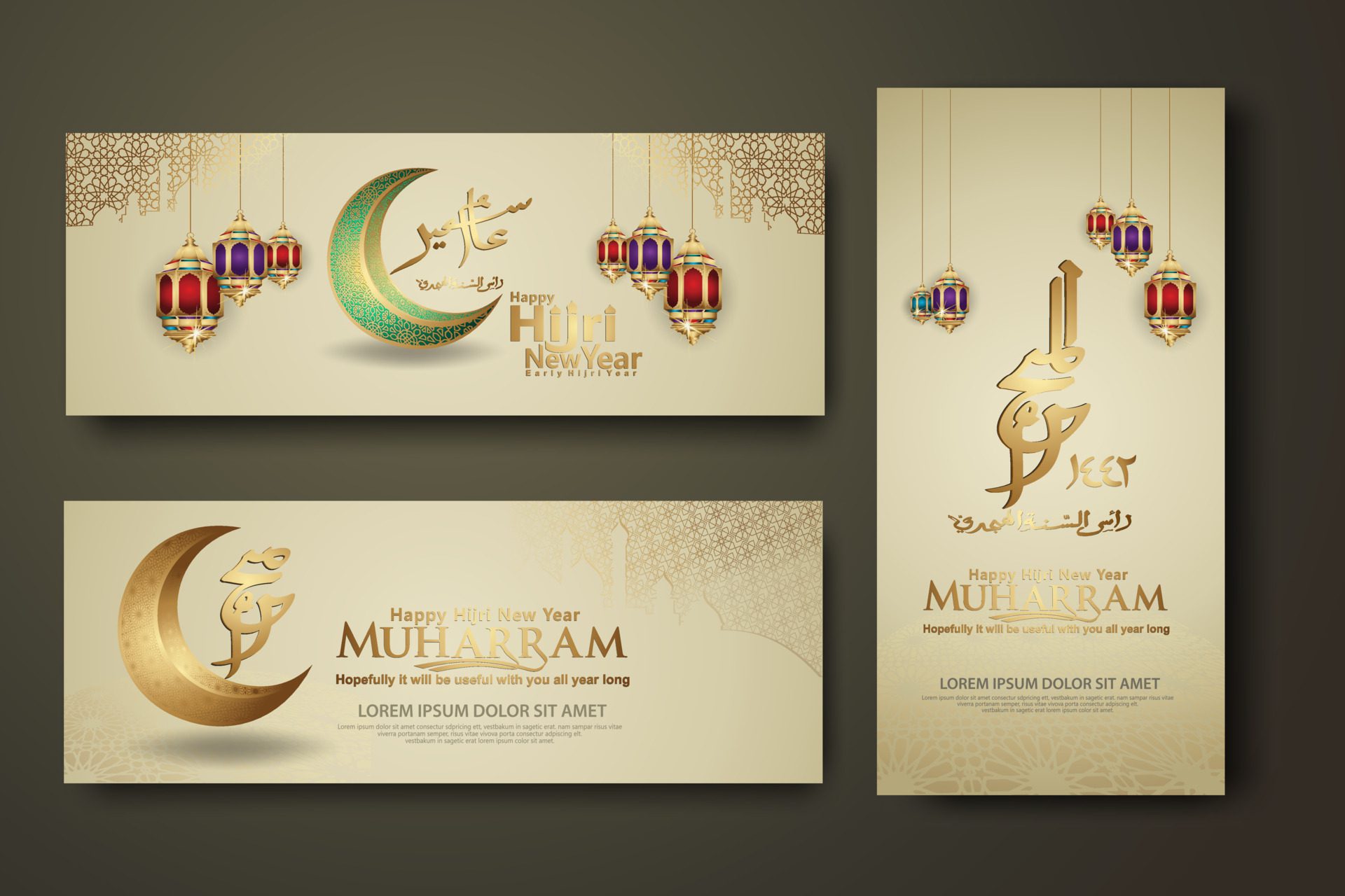 Luxurious Muharram calligraphy Islamic and happy new hijri year, set banner template Free Vector