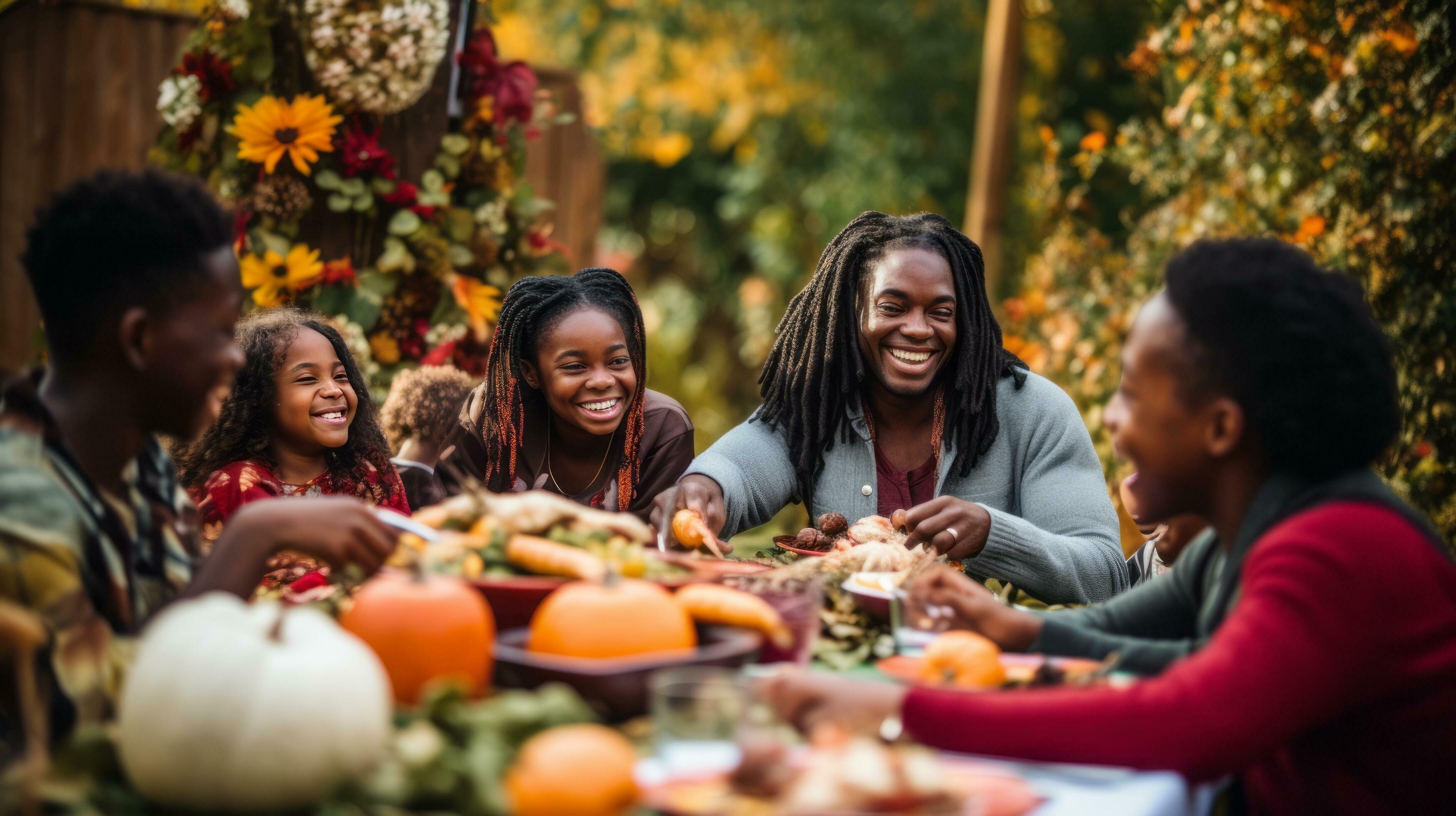 a family is enjoying a thanksgiving meal outdoors ai generative Stock Free