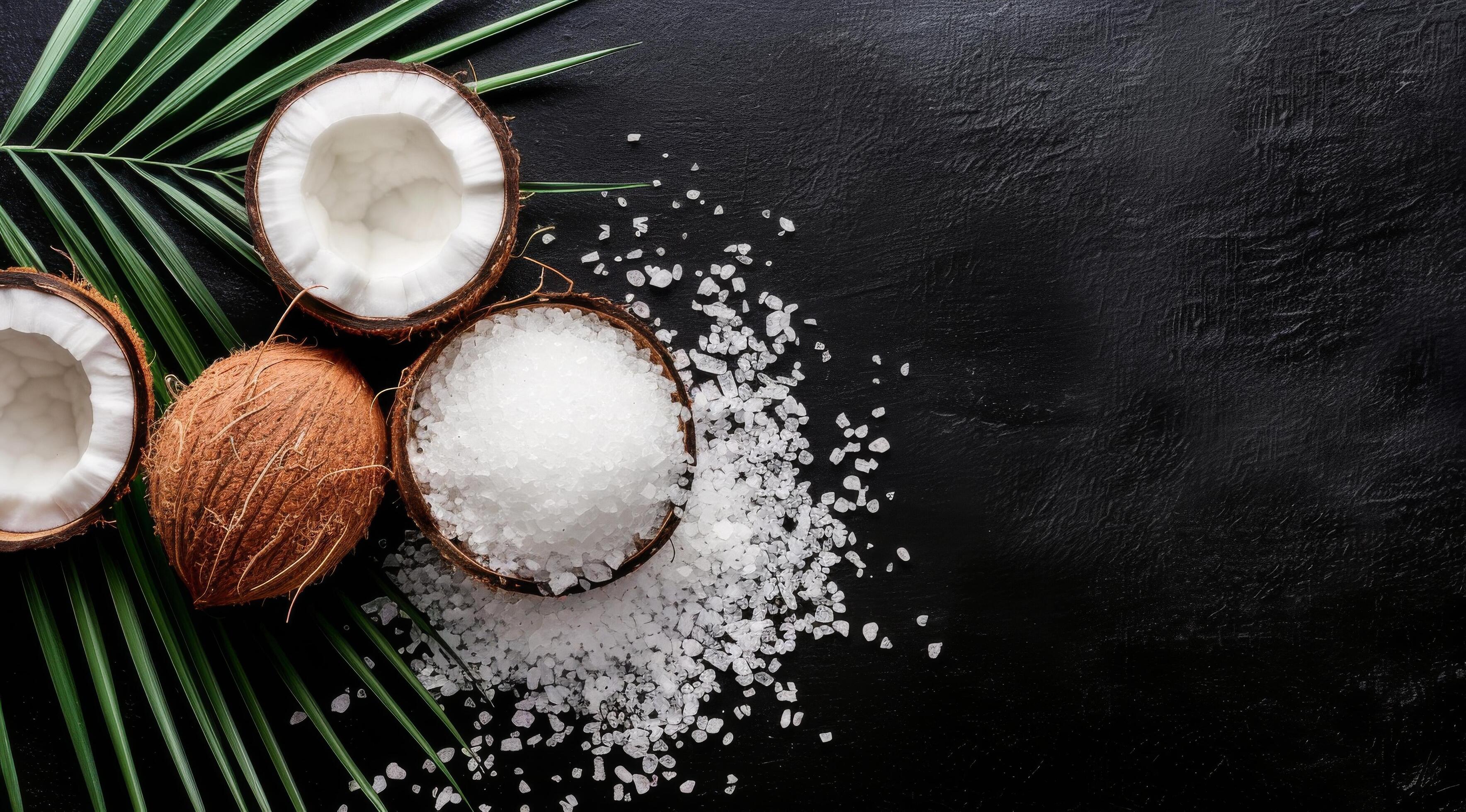 Coconuts and Palm Leaf on Black Background Stock Free