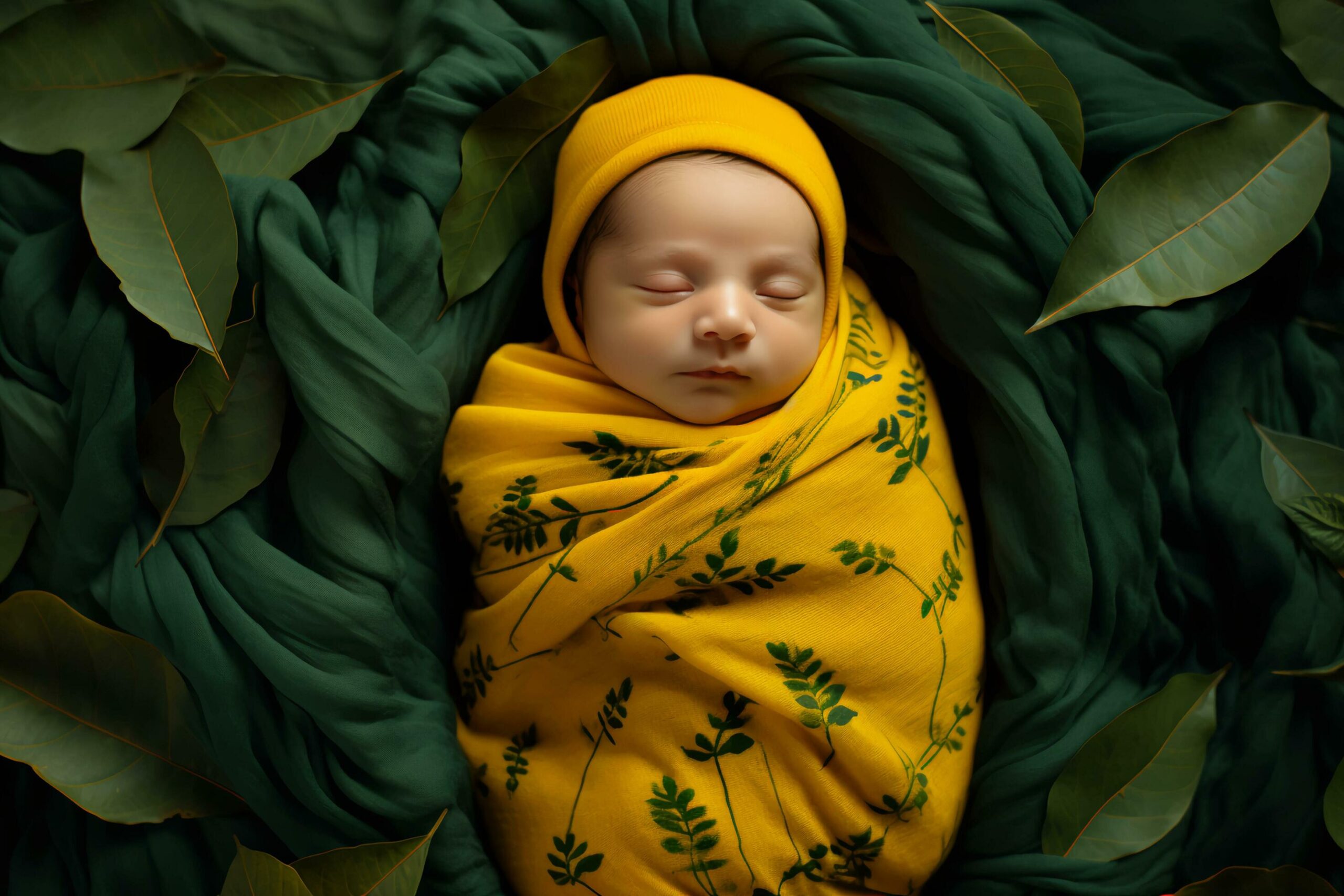 Botanical Beginnings Sweet Newborn Wrapped in Leafy Blanket Free Photo