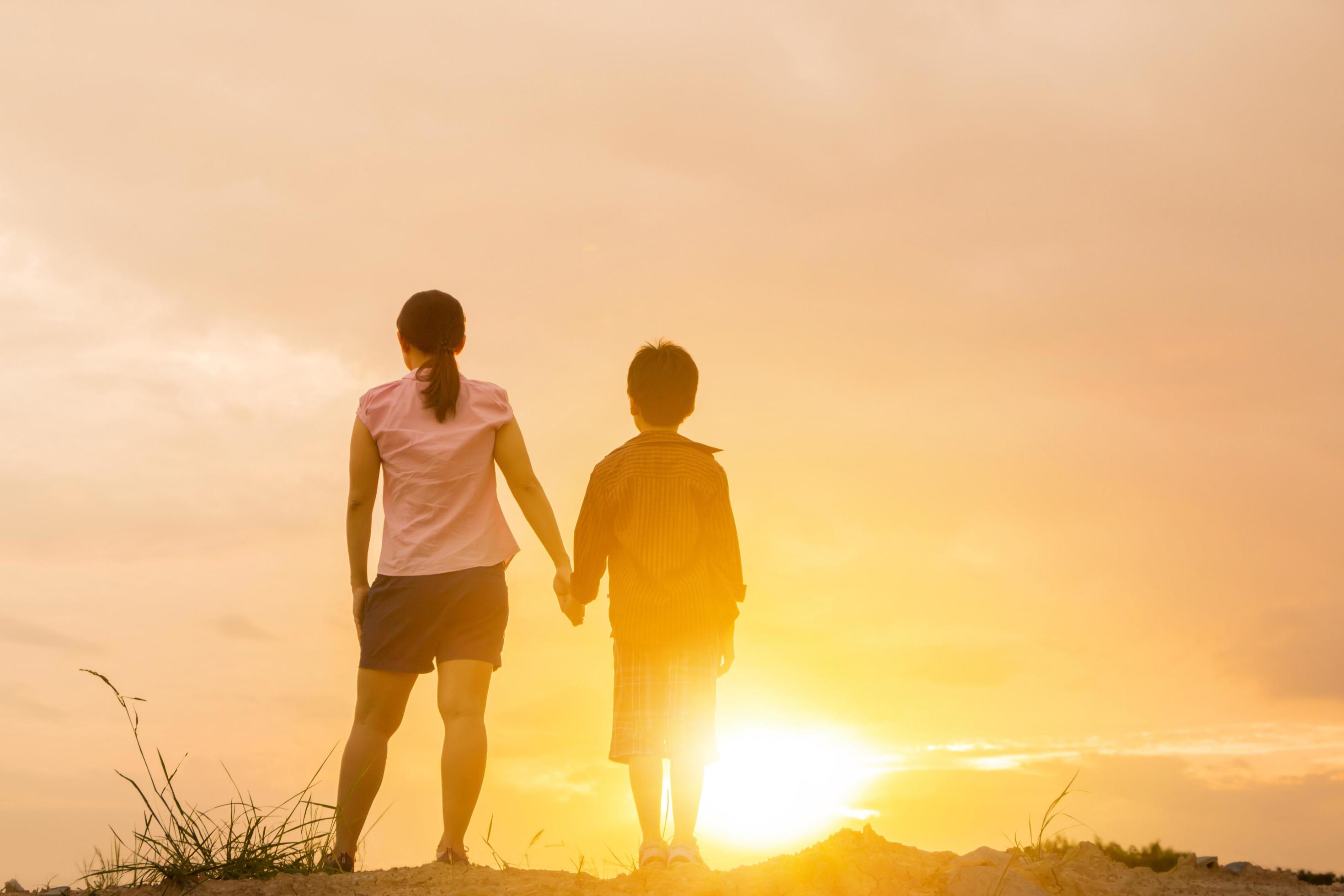 Mother and their son standing holding hands and watching sunset Stock Free