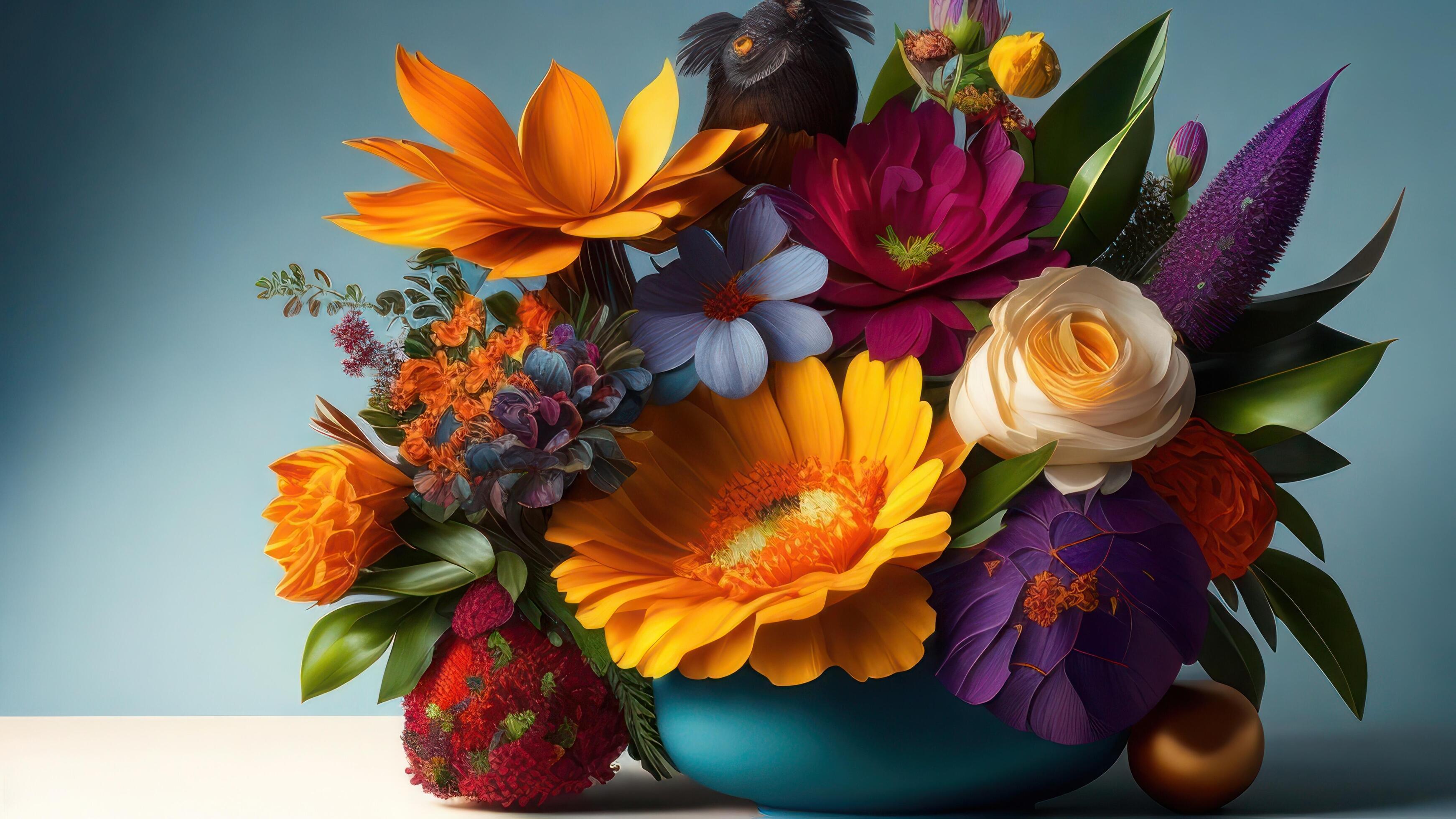 Colorful bouquet of flowers in a vase on the table. Stock Free