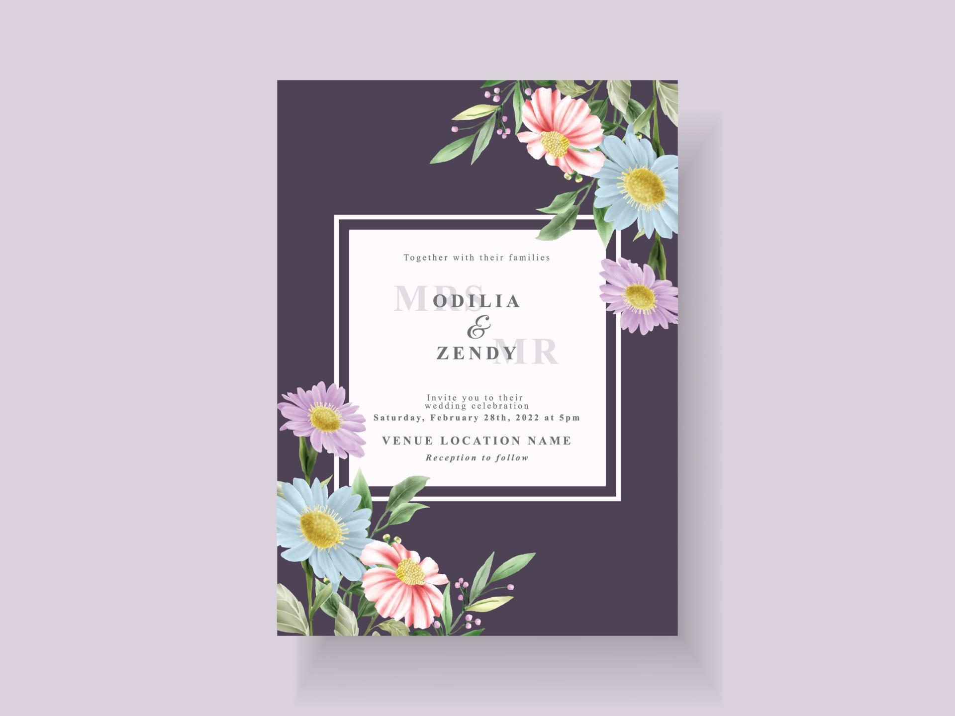 Wedding invitation card with beautiful flower and leaves watercolor Stock Free