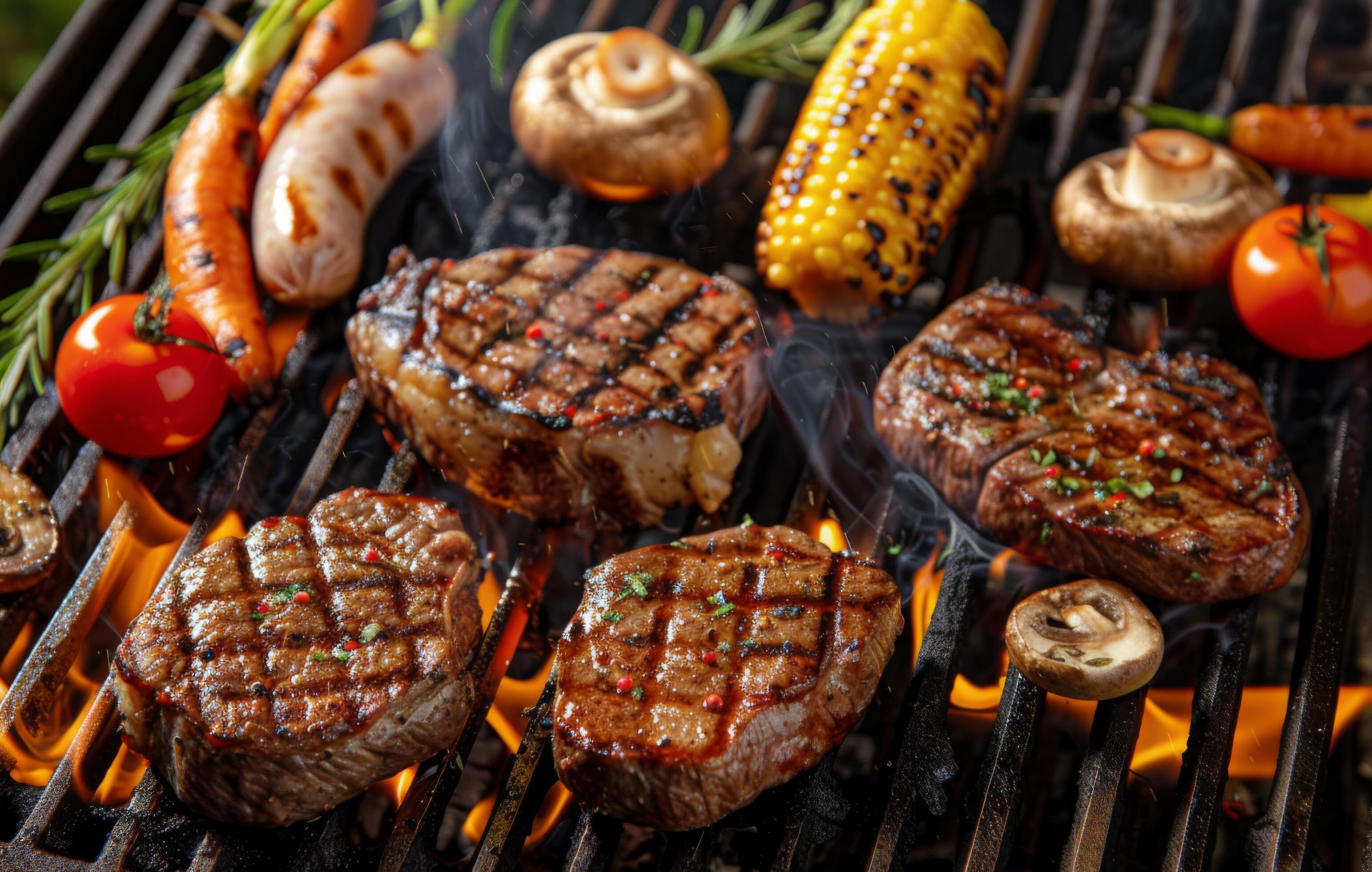 Grilled Steaks, Sausages, and Vegetables on a Charcoal Grill Stock Free