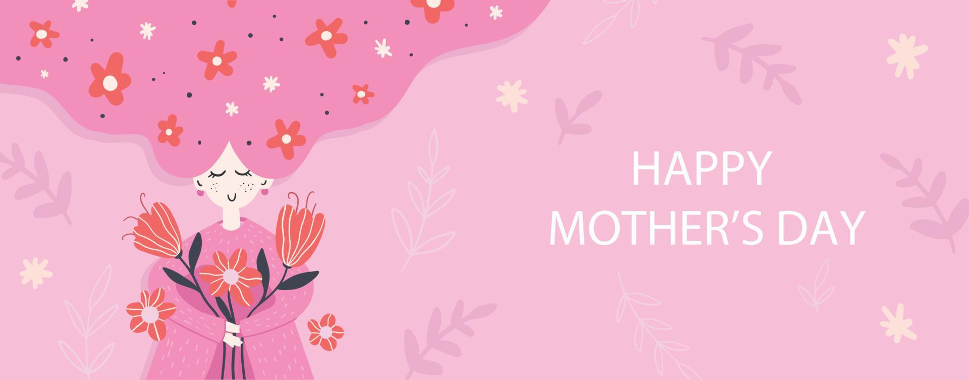 Happy Mother’s Day Banner template with flowers. Vector background in flat style for greeting card, postcard, web, banner Stock Free