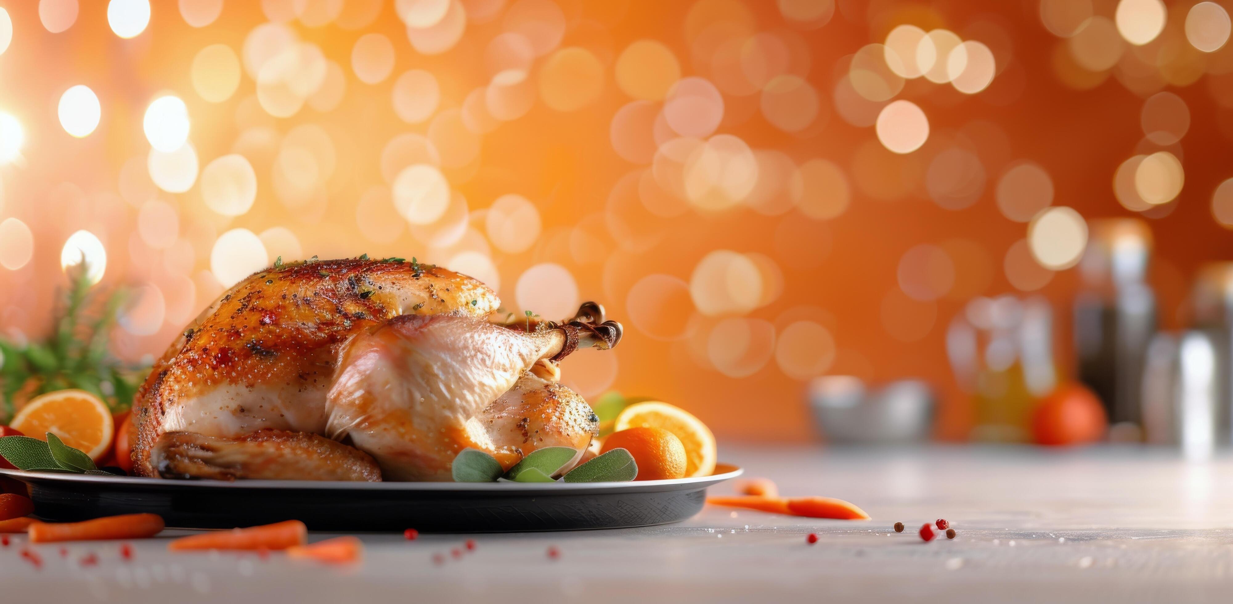 Roasted Turkey With Citrus and Berries on Table With Holiday Lights Stock Free