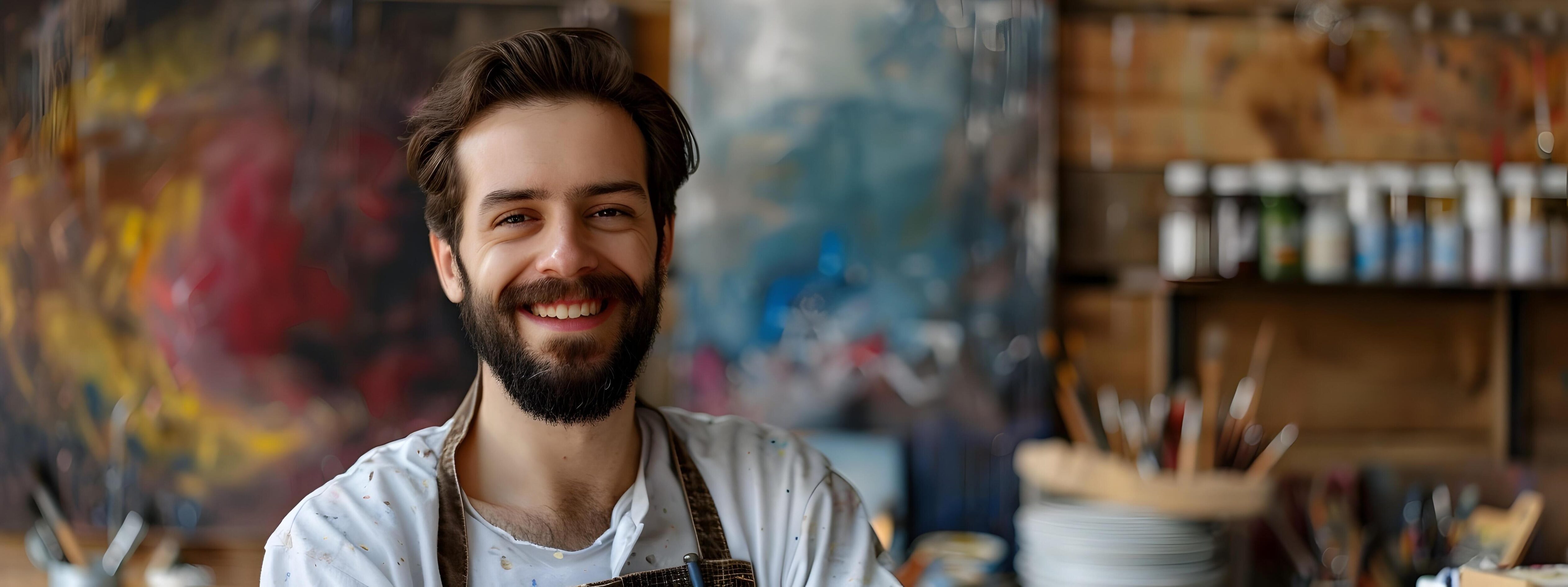 Smiling Young Painting in His Creative Studio Workspace Stock Free