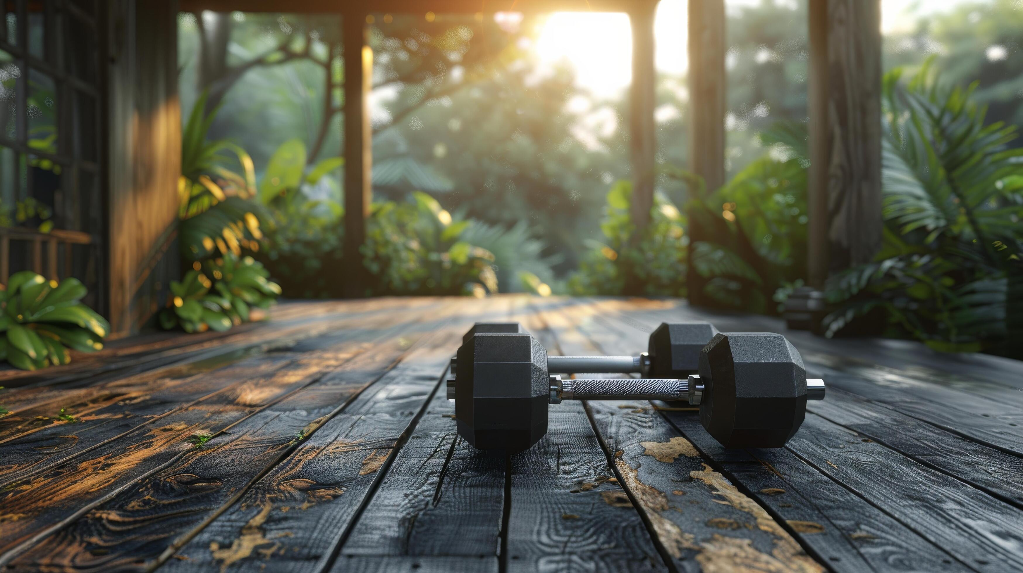 Dumbbells on Wooden Deck Stock Free