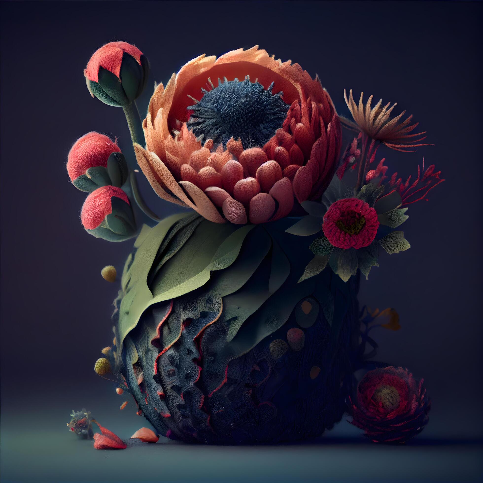 artificial flowers in vase on dark background, 3d illustration, Image Stock Free