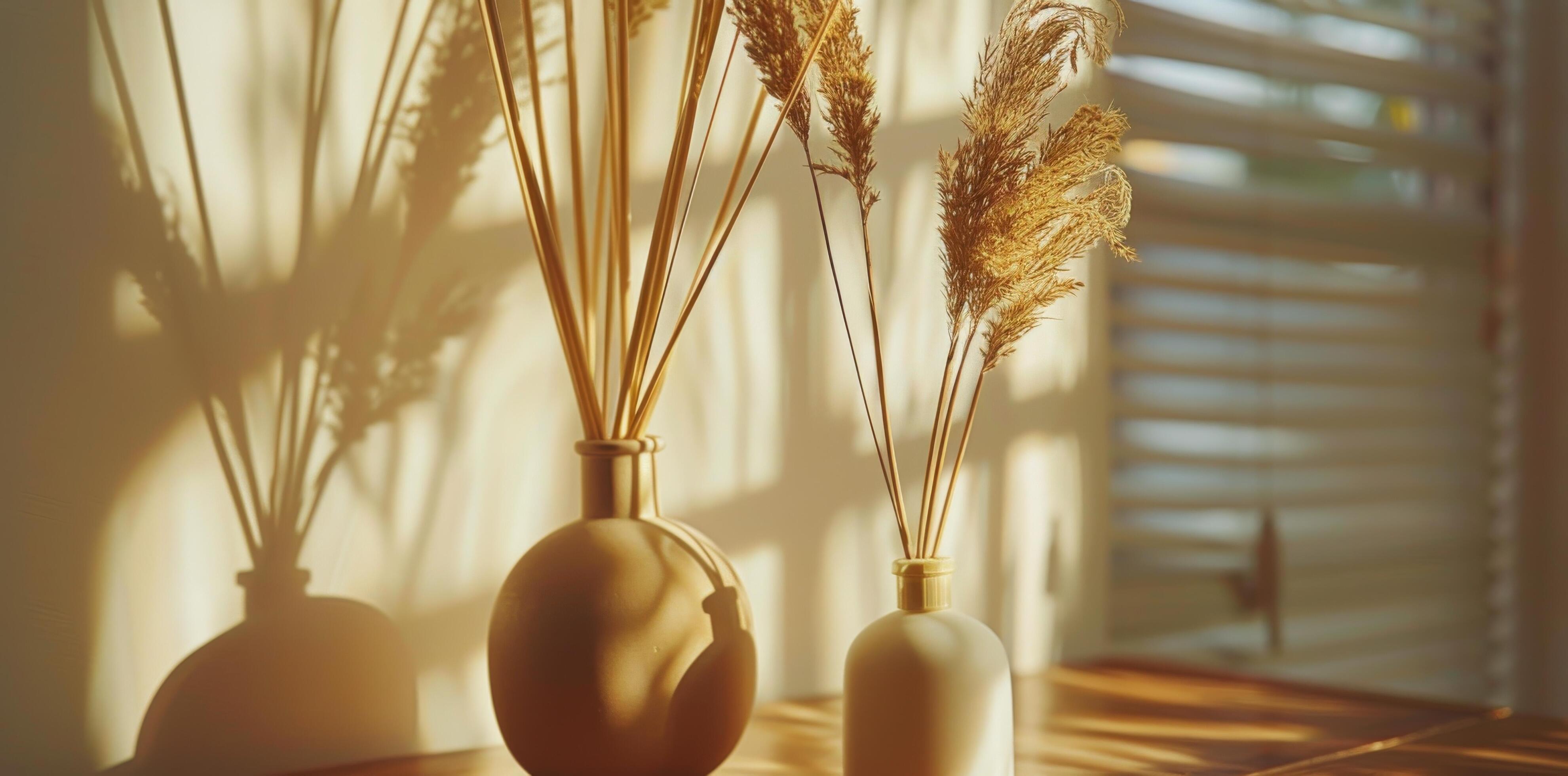 Decorative Reed Diffuser Bottles and Dried Pampas Grass in Sunlight Stock Free