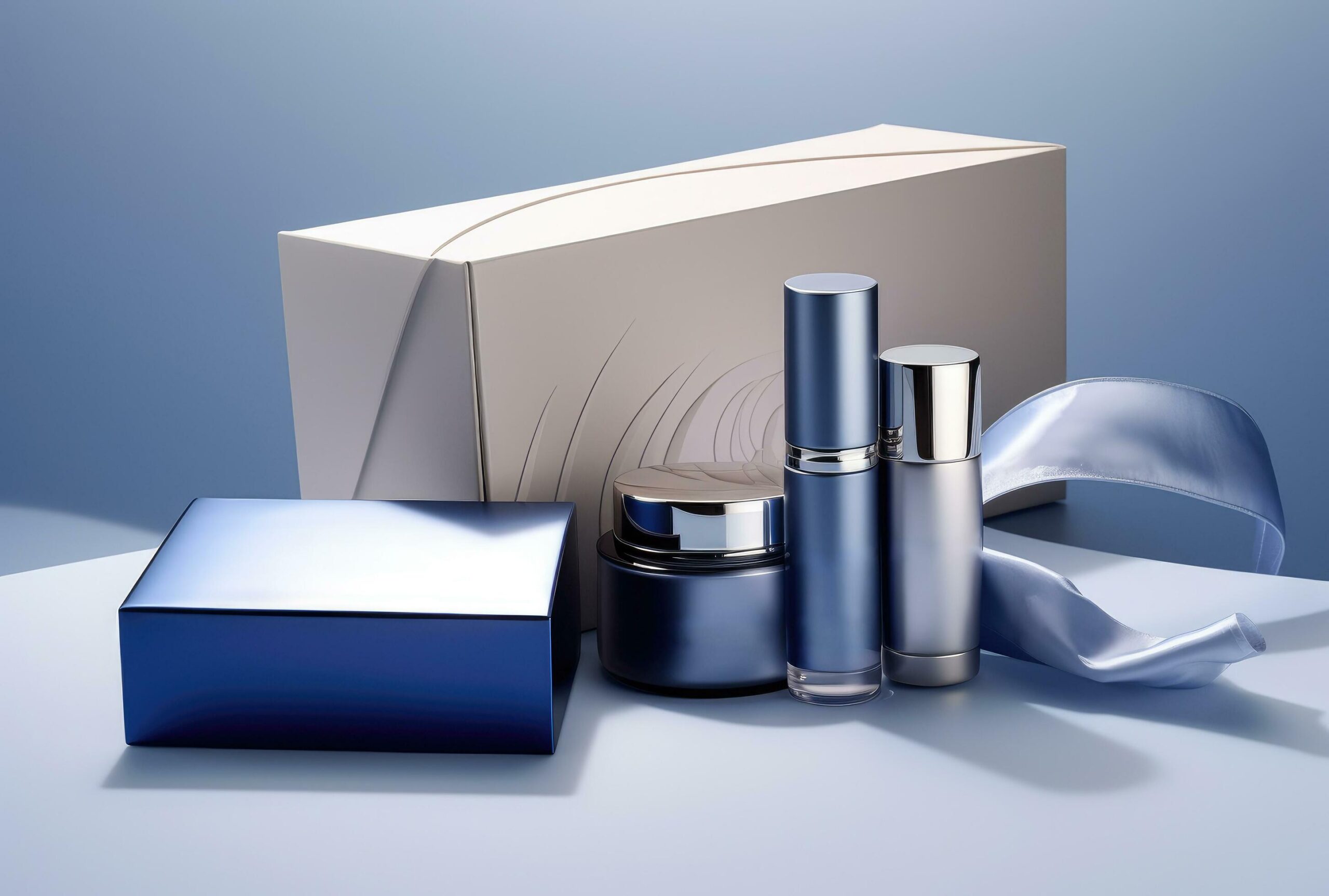 a blue box contains a package of three cosmetic products Free Photo