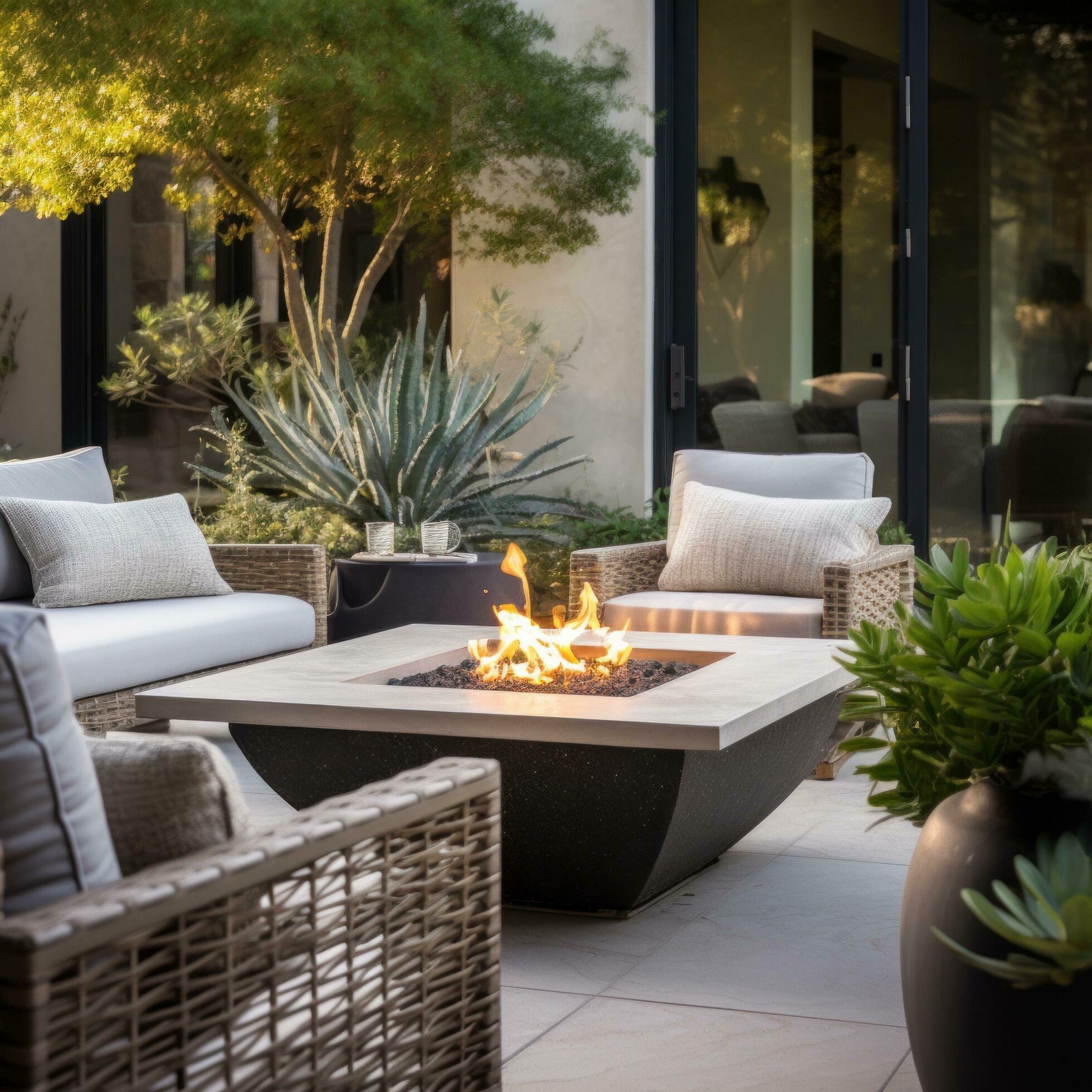 
									beautifully designed outdoor patio area with modern furniture, potted plants, and a cozy fire pit. Free Photo