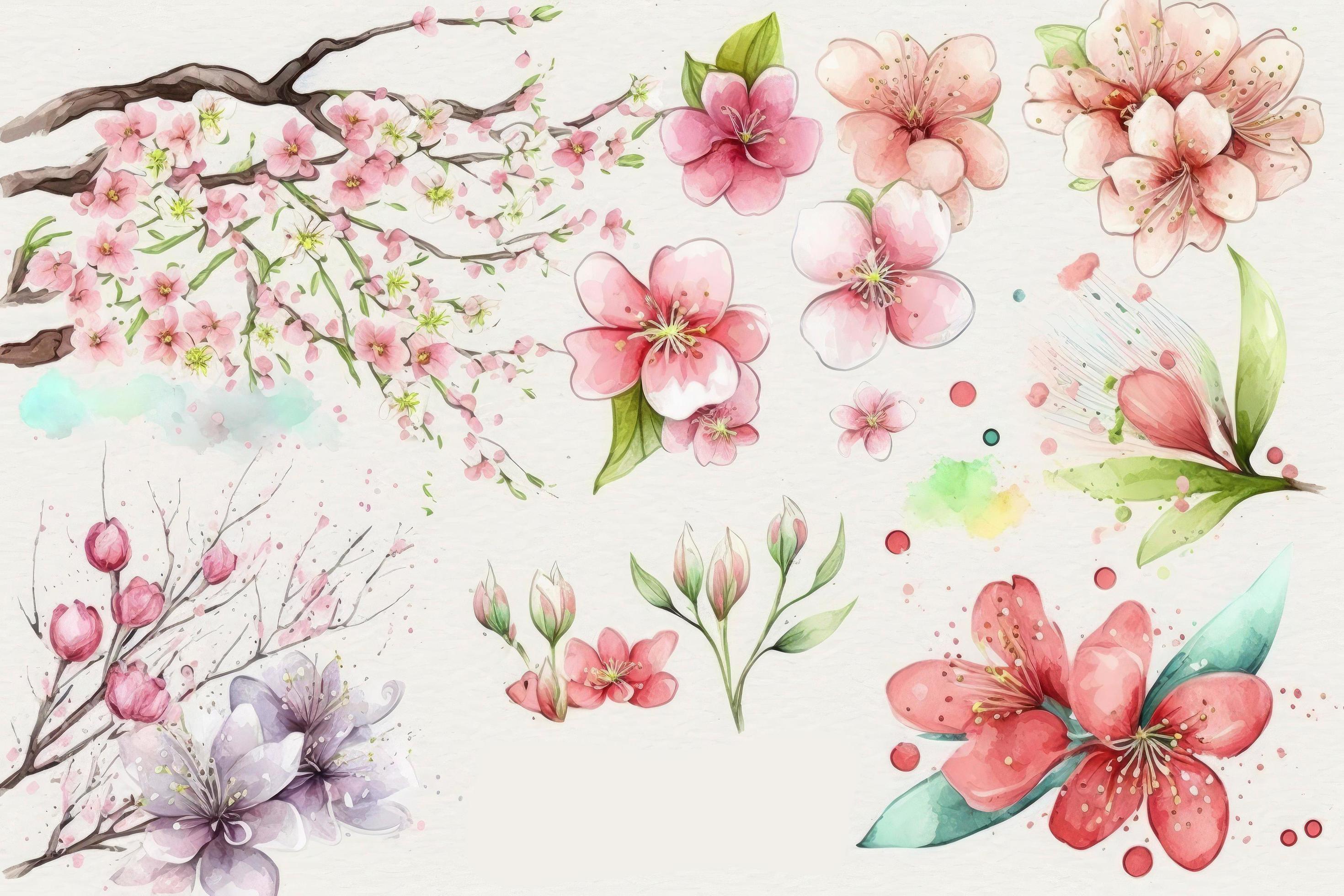 decoration Spring flower set Watercolor cherry background Stock Free