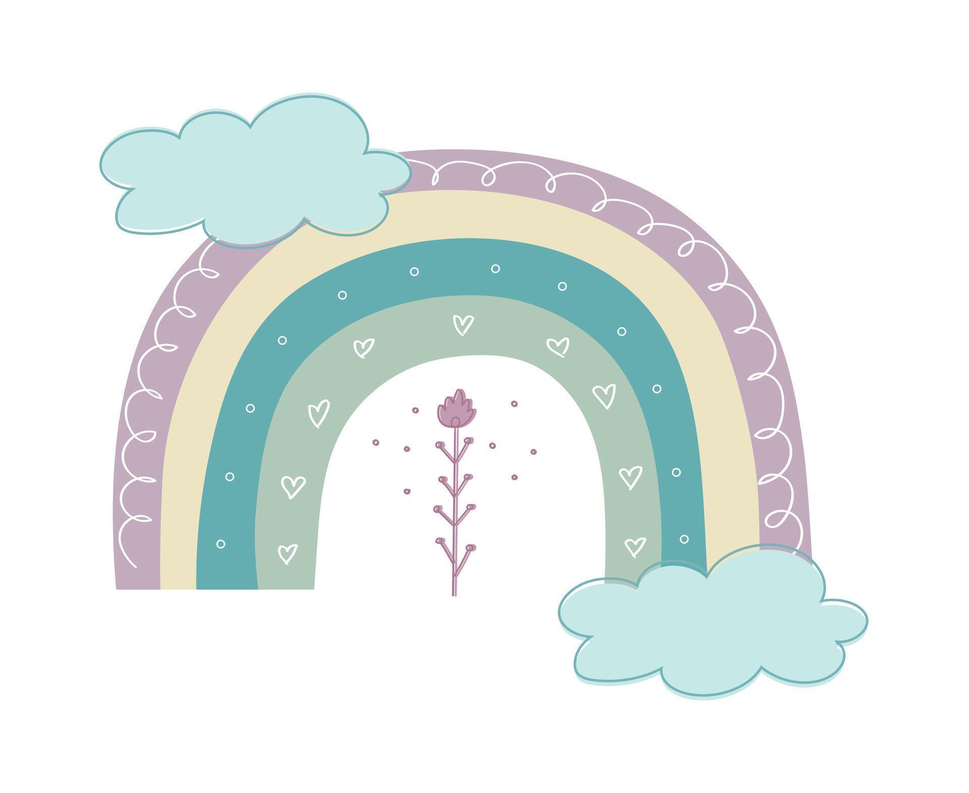 Hand drawn trendy rainbow decorated with flower and clouds. Scandinavian rainbow. Cute decoration. Vector illustration Stock Free