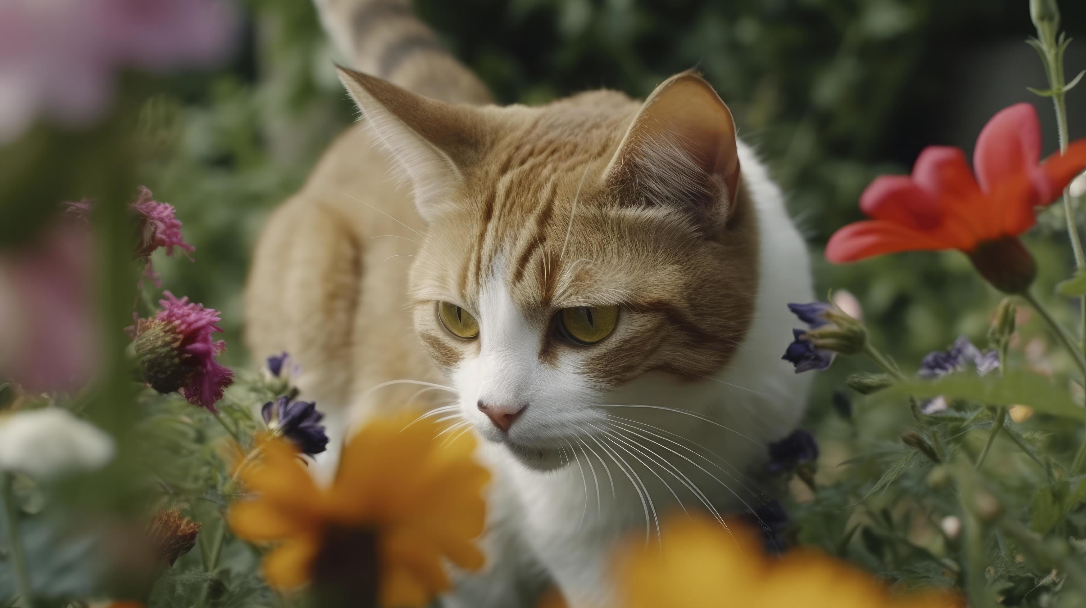 A playful cat chasing a butterfly around a garden full of flowers, Generate Ai Stock Free