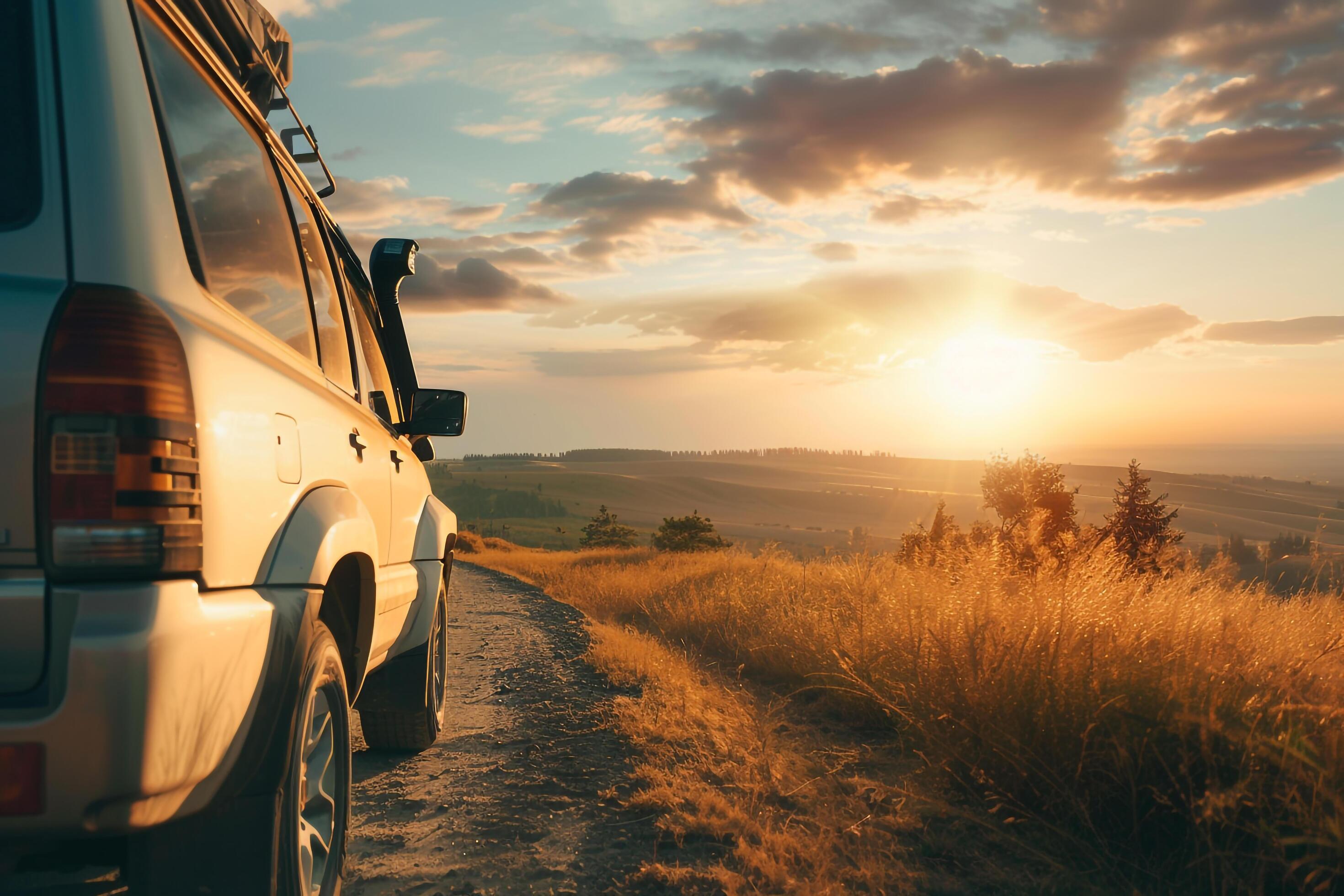 Family SUV on a scenic road trip. natural background. Nature Stock Free