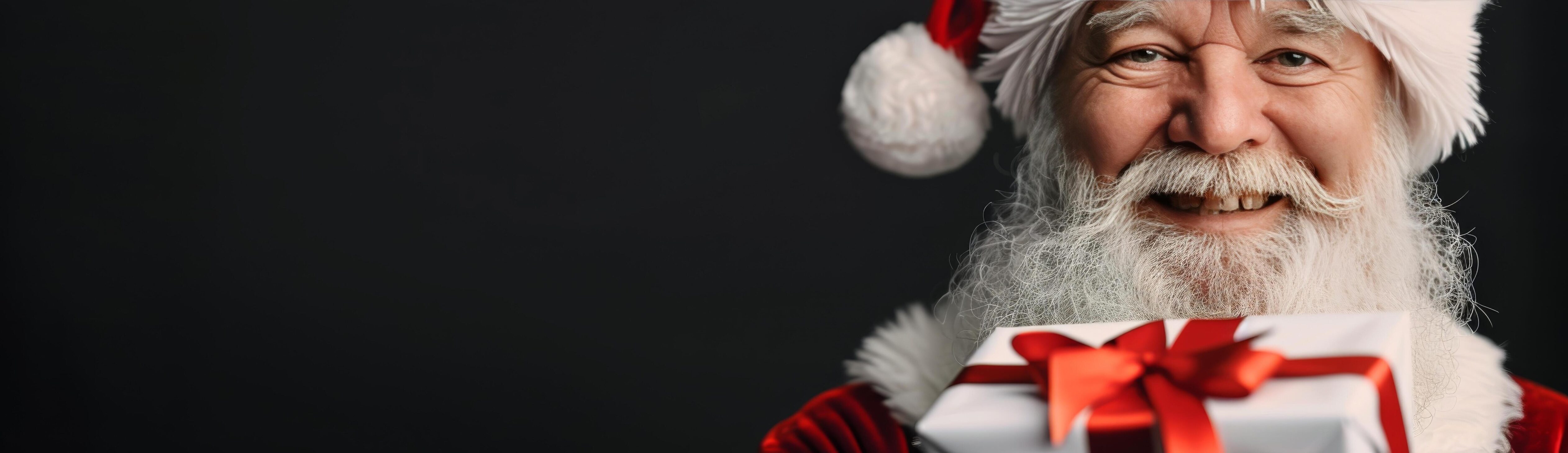 Cheerful Santa Holding Wrapped Gift Against a Festive Background Stock Free